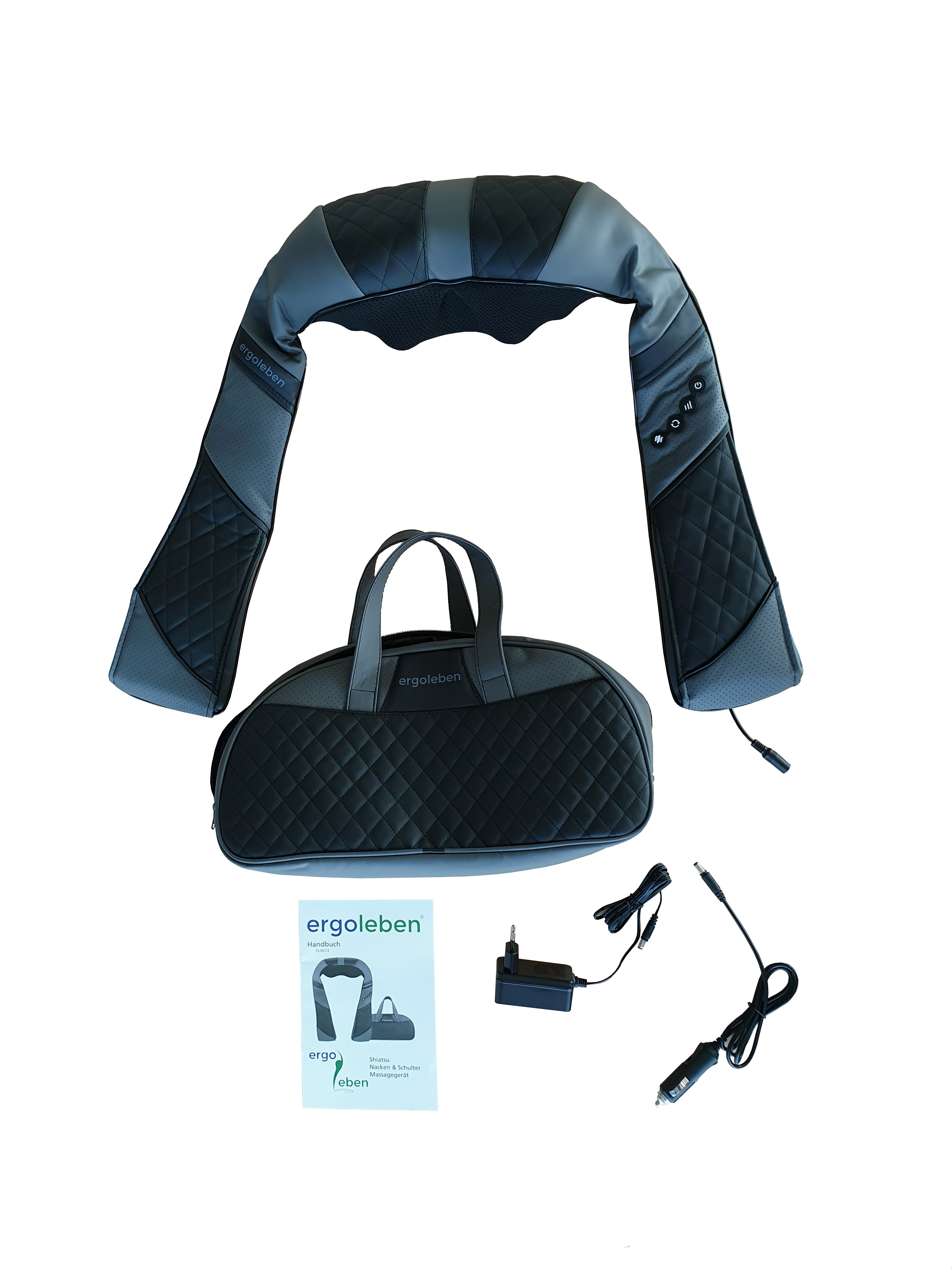 Nacken- und Schultermassagegerät, Tasche, Netzteil und Autoladegerät auf weißer Oberfläche.