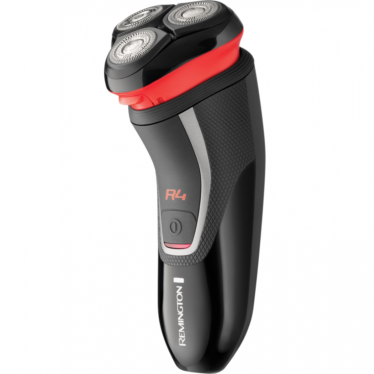 Czarna i czerwona golarka elektryczna. Widoczne trzy obracające się ostrza i czerwony przełącznik.