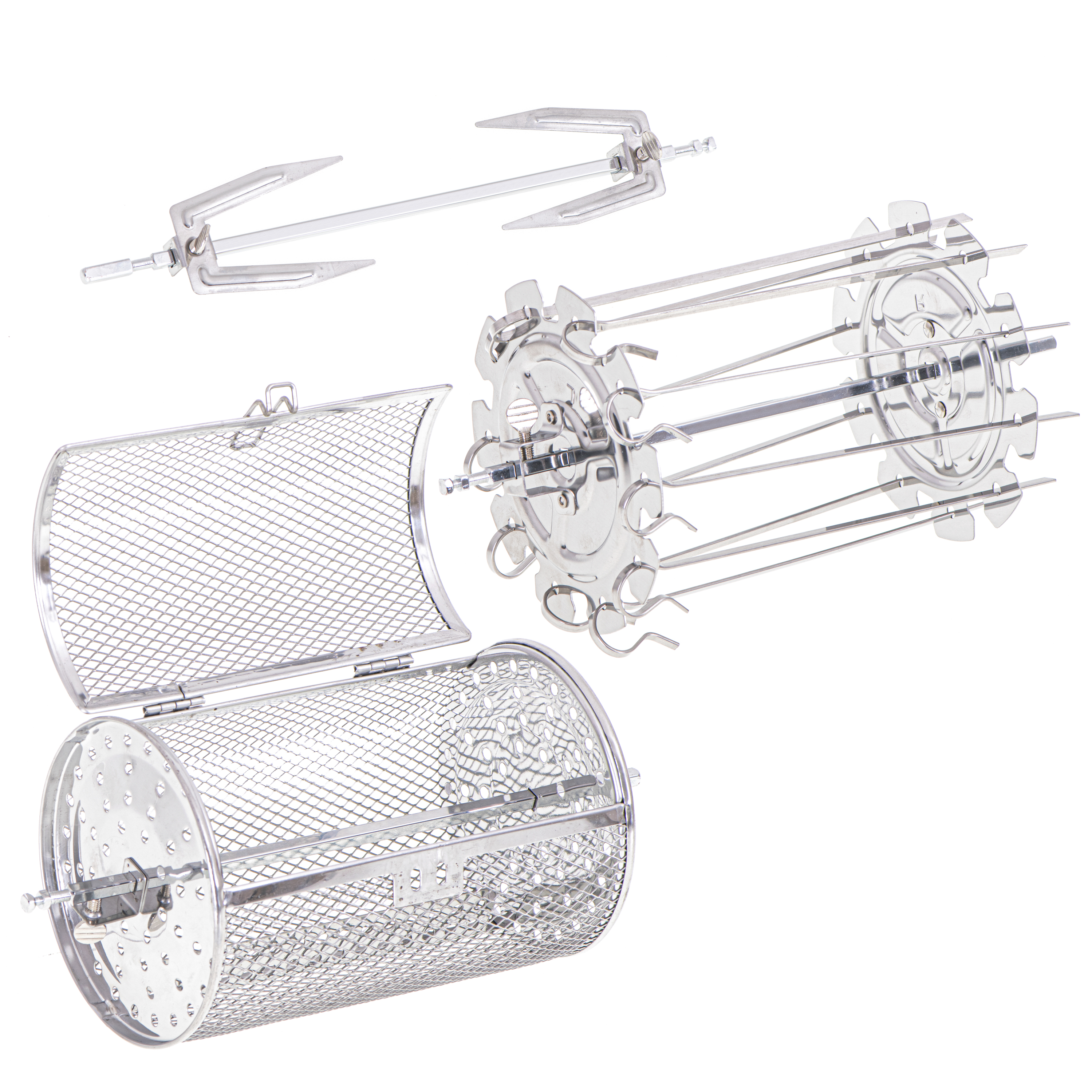 Zdemontowane elementy pieca obrotowego na białym tle.