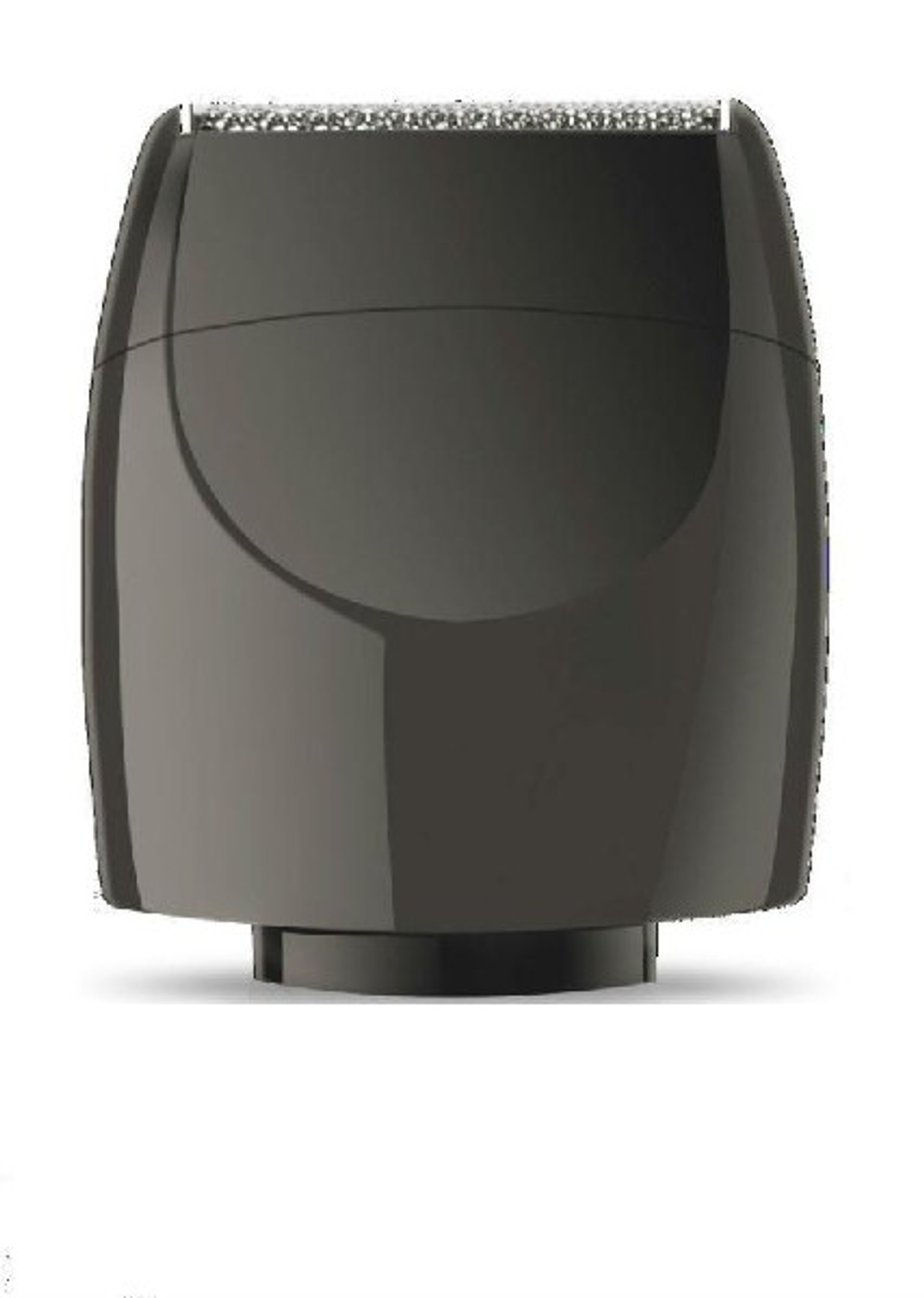 Un accesorio de afeitadora eléctrica negro, forma cilíndrica con un cabezal de corte plateado.