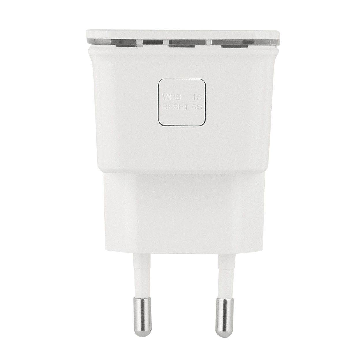 Ein weißer Netzadapter mit zwei Stiften und einer WPS/Reset-Taste.
