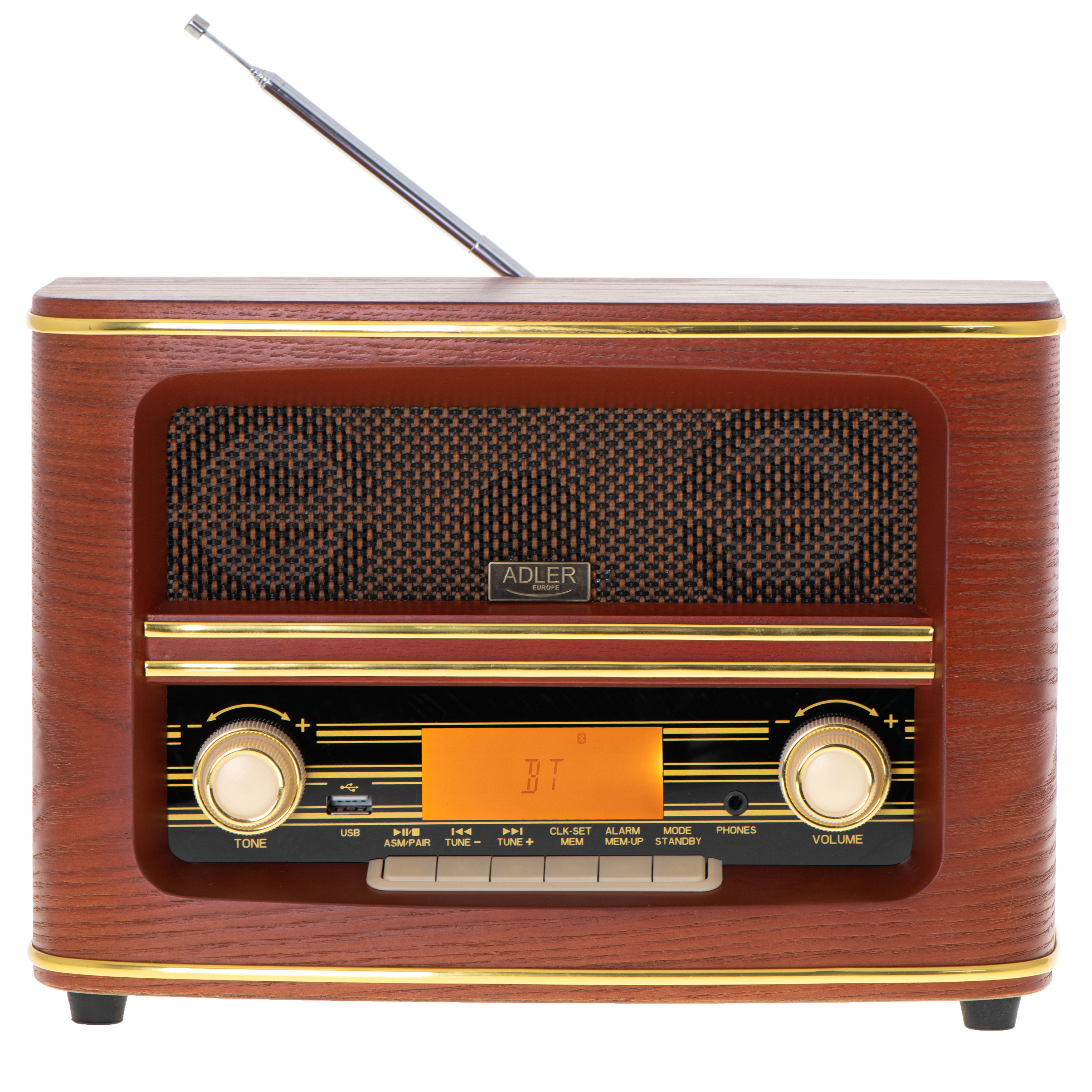 Ein braunes Holzradio mit goldenen Akzenten, Knöpfen und einem Display.