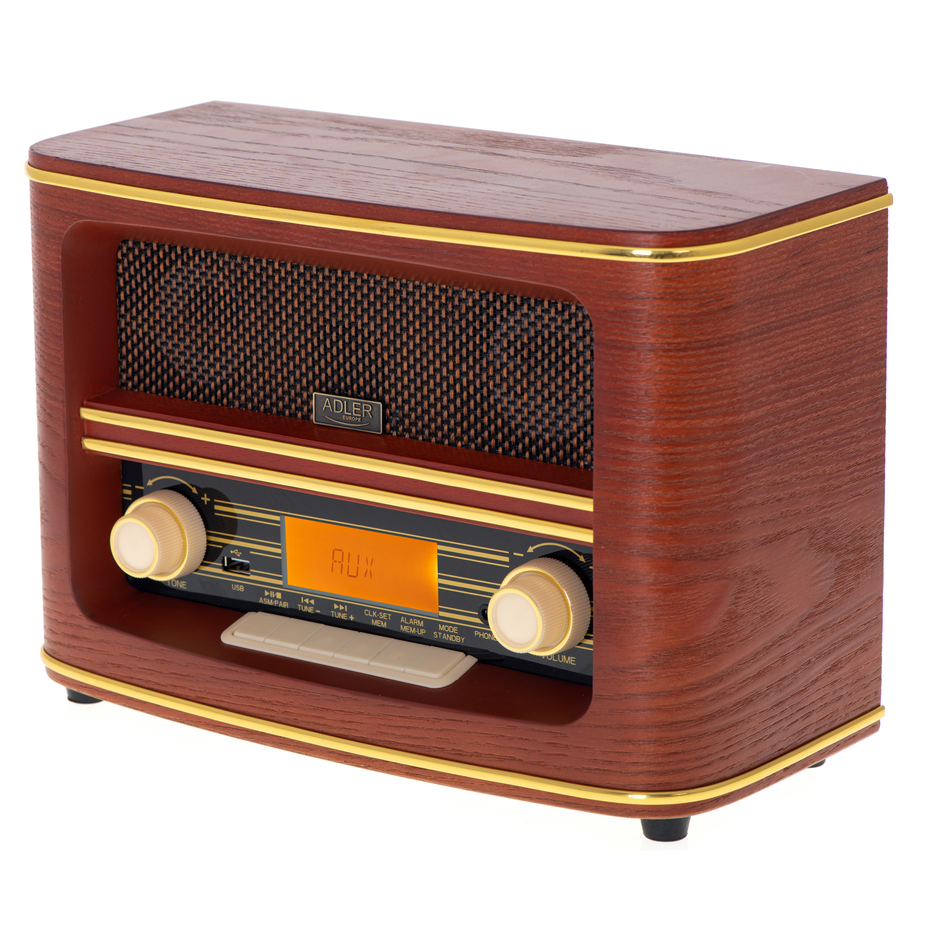 Ein Retro-Radio aus Holz mit goldenen Akzenten, Knöpfen und Digitalanzeige.
