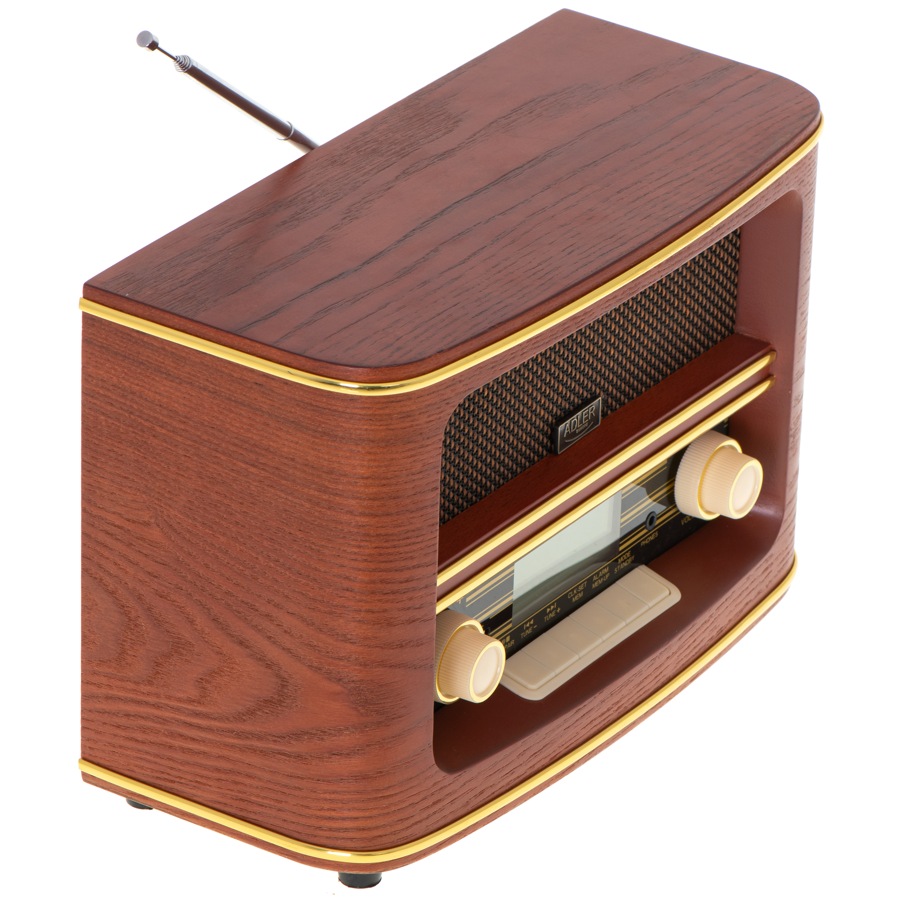 Retro-Radio aus Holz mit Antenne und Knöpfen. Goldbesatz, dunkles Holzfinish. Weißer Hintergrund.