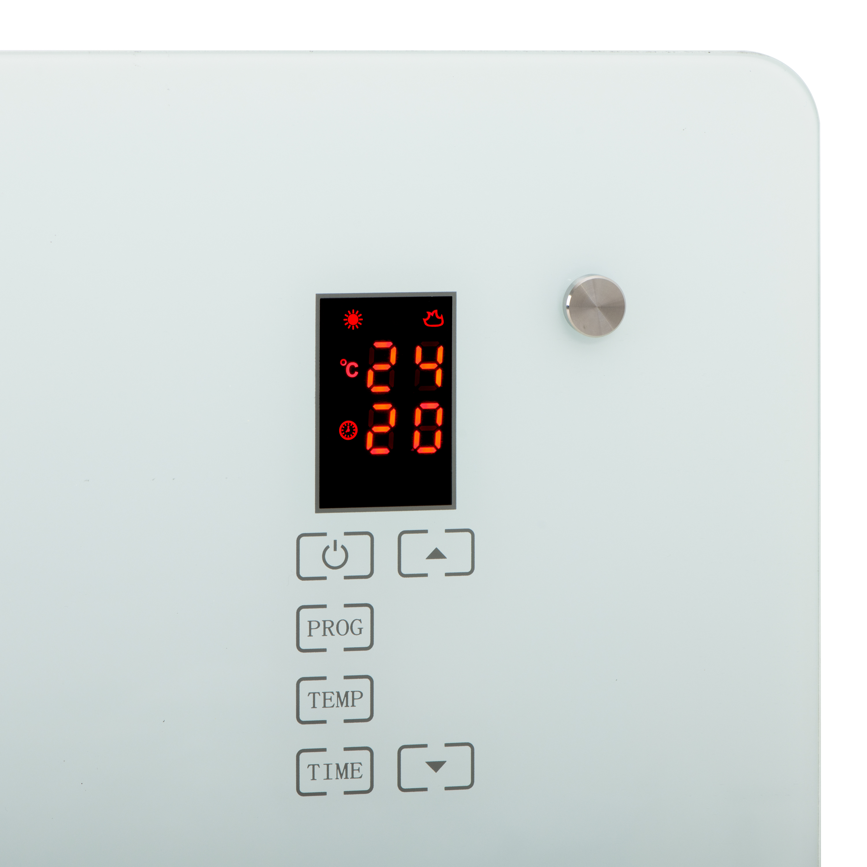 Weißes Gerät mit roter Digitalanzeige mit 24 und 20. Knöpfe darunter. Weißer Hintergrund.
