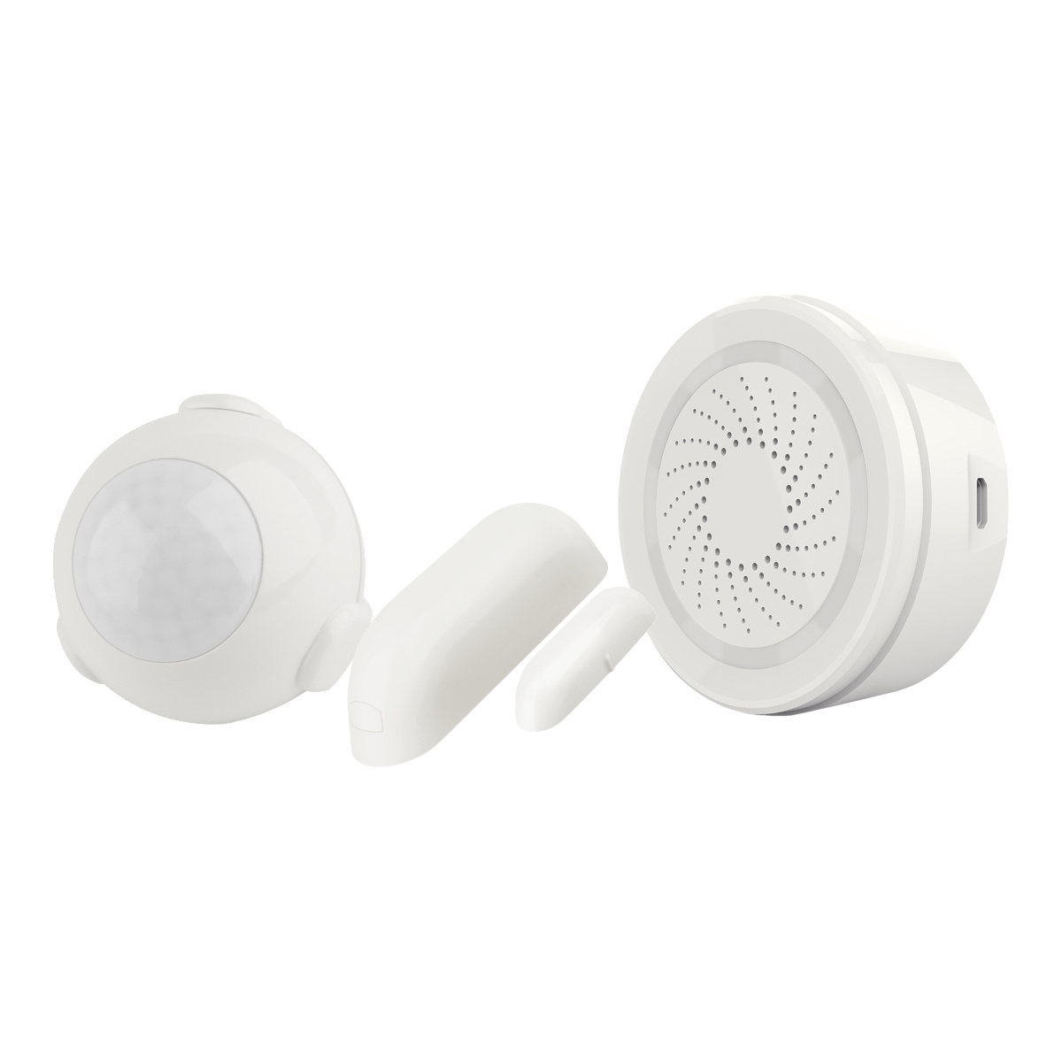 Weiße Smart-Home-Sicherheitsgeräte. Bewegungssensor, magnetischer Türsensor und der Hub. Weißer Hintergrund.