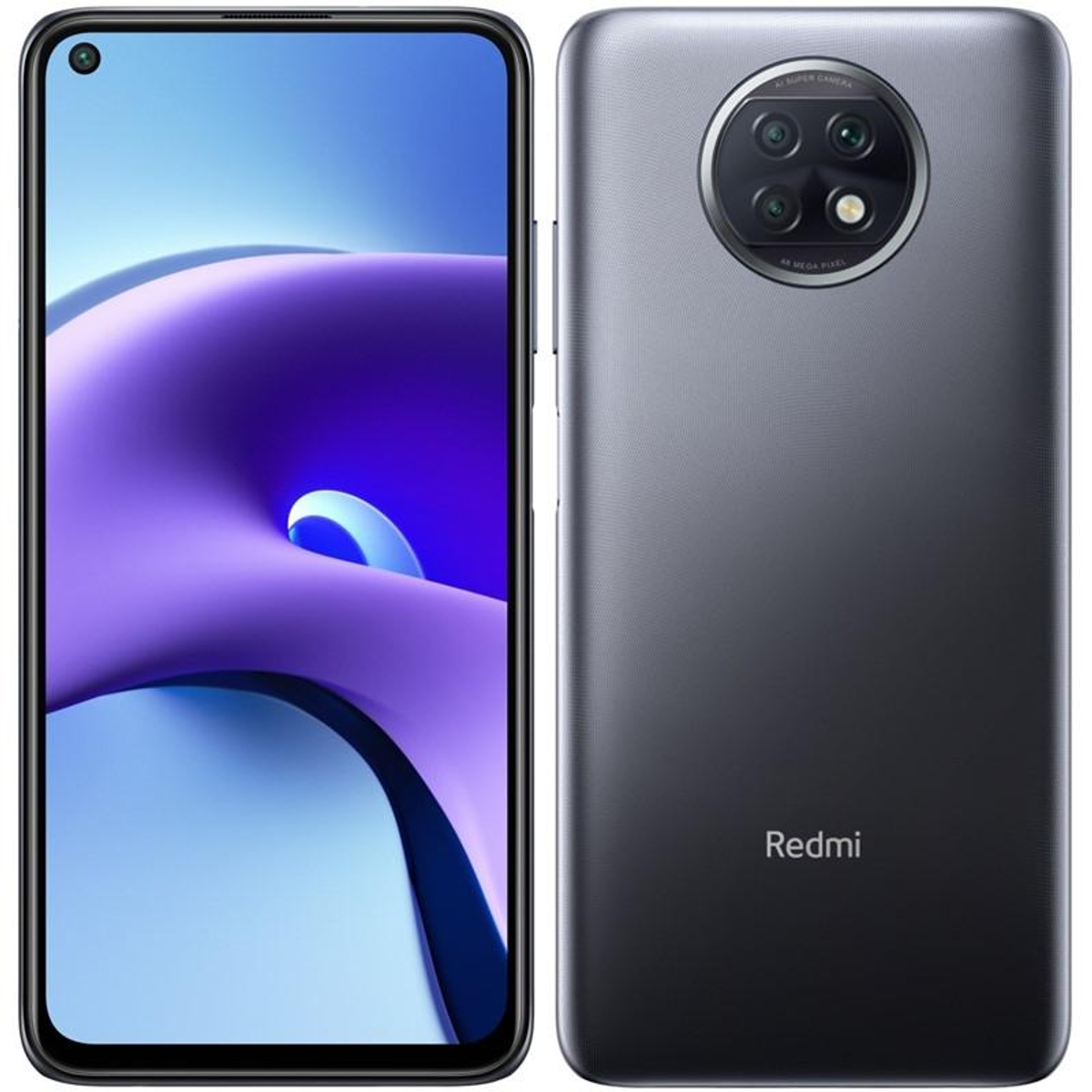 Smartphone, Vorderseite zeigt Display, Rückseite zeigt Kamera. Dunkelgraue Farbe, Redmi-Logo sichtbar.