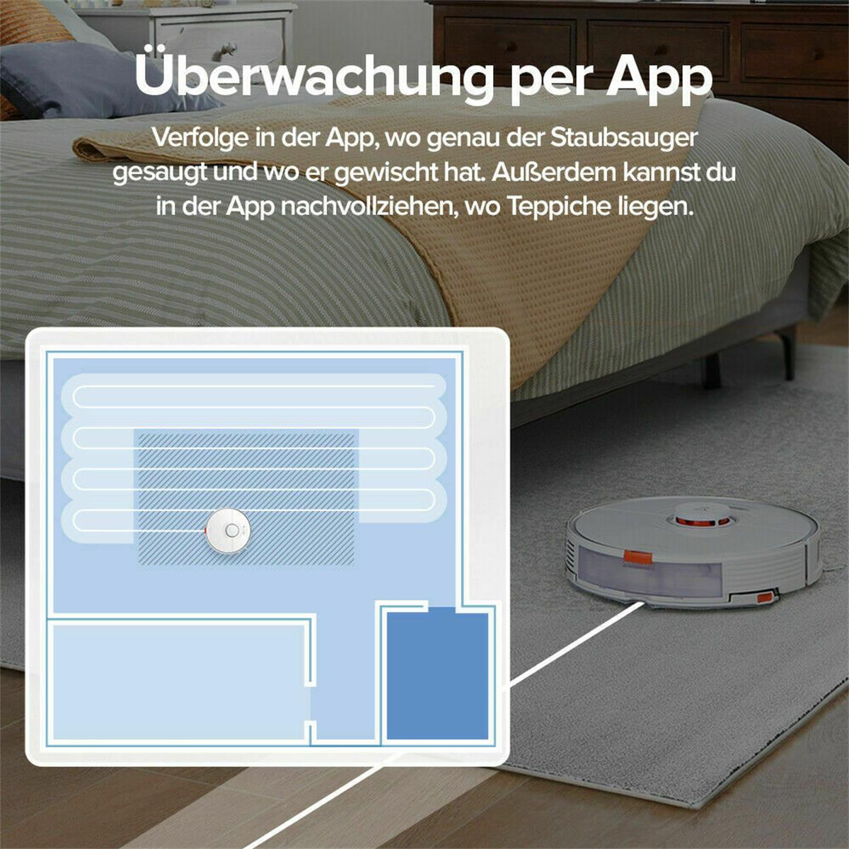 Roboter-Staubsauger beim Reinigen. Diagramm zeigt Reinigungsbereich auf Teppich und Grundriss.