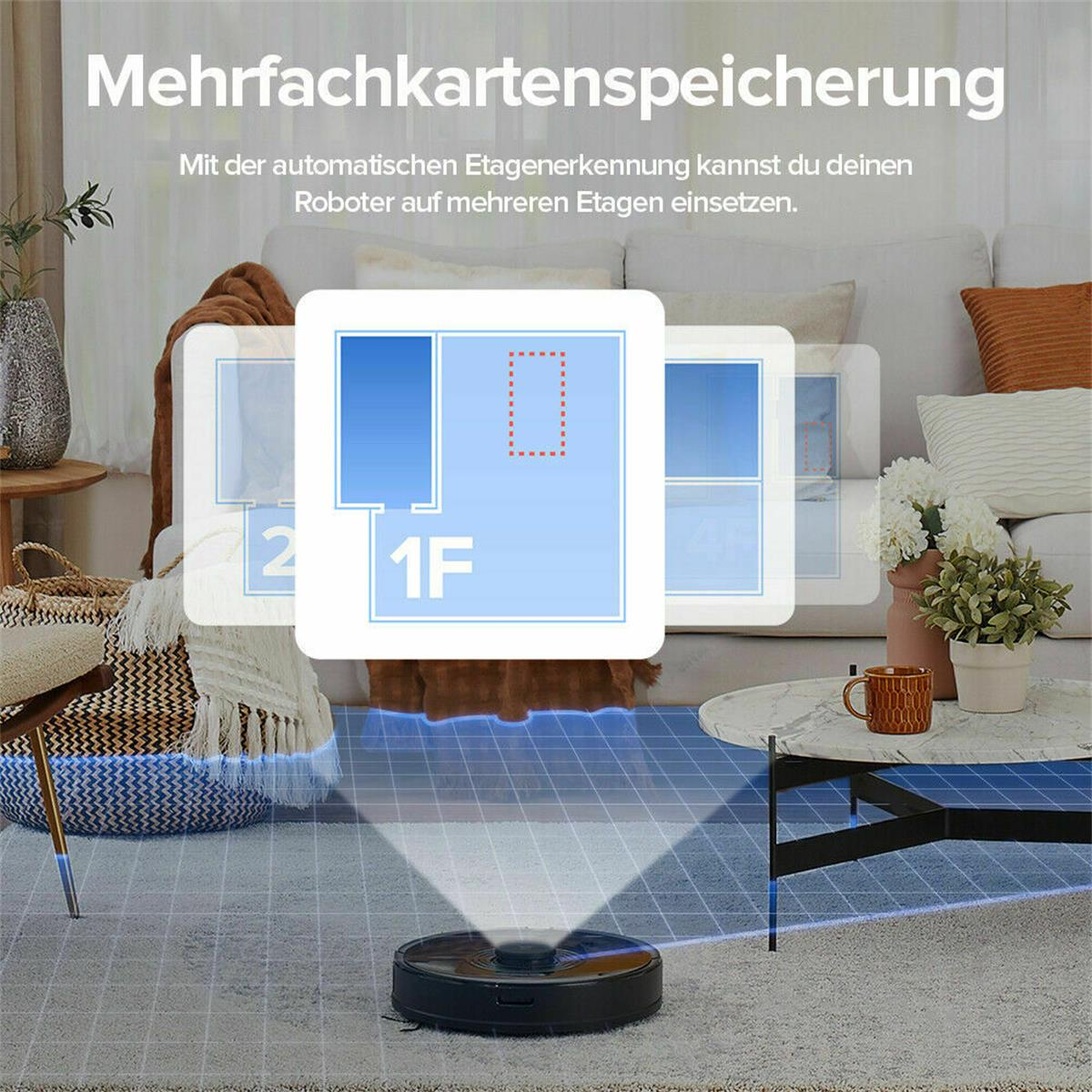Ein Hausplan mit den Zahlen 1F und 2, ein Roboter-Staubsauger.
