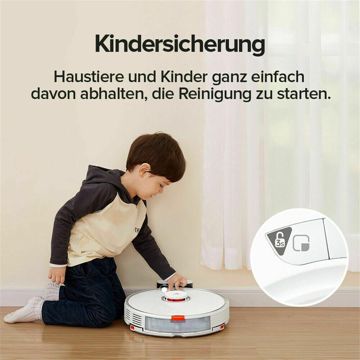 Ein Kind interagiert mit einem Roboter-Staubsauger. Text auf Deutsch über Kindersicherheit.