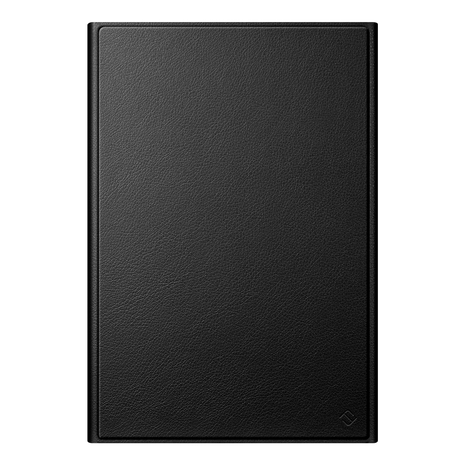 Eine schwarze Tablethülle mit strukturierter Oberfläche. Es ist eine geschlossene Hülle.