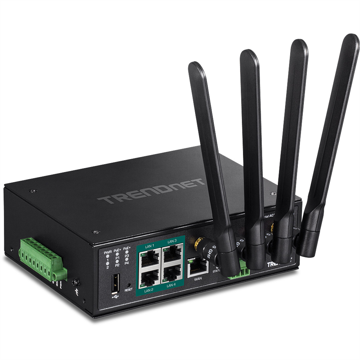 Un routeur Trendnet noir avec quatre antennes et des ports. Il possède un connecteur d'alimentation vert à gauche.