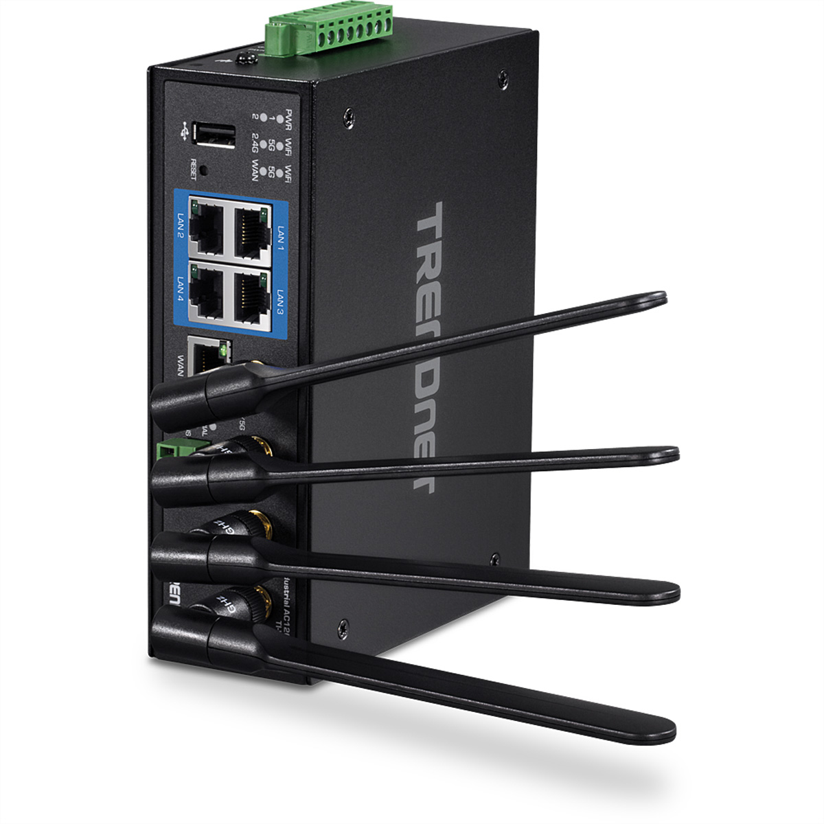 Zwarte router met antennes. Het heeft LAN- en WAN-poorten en TREEDONE branding.