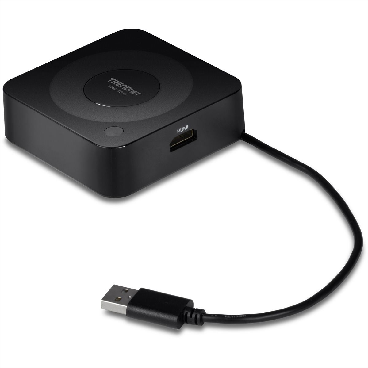 Un dispositivo TRENDnet nero con porte HDMI e USB, con un cavo USB collegato.