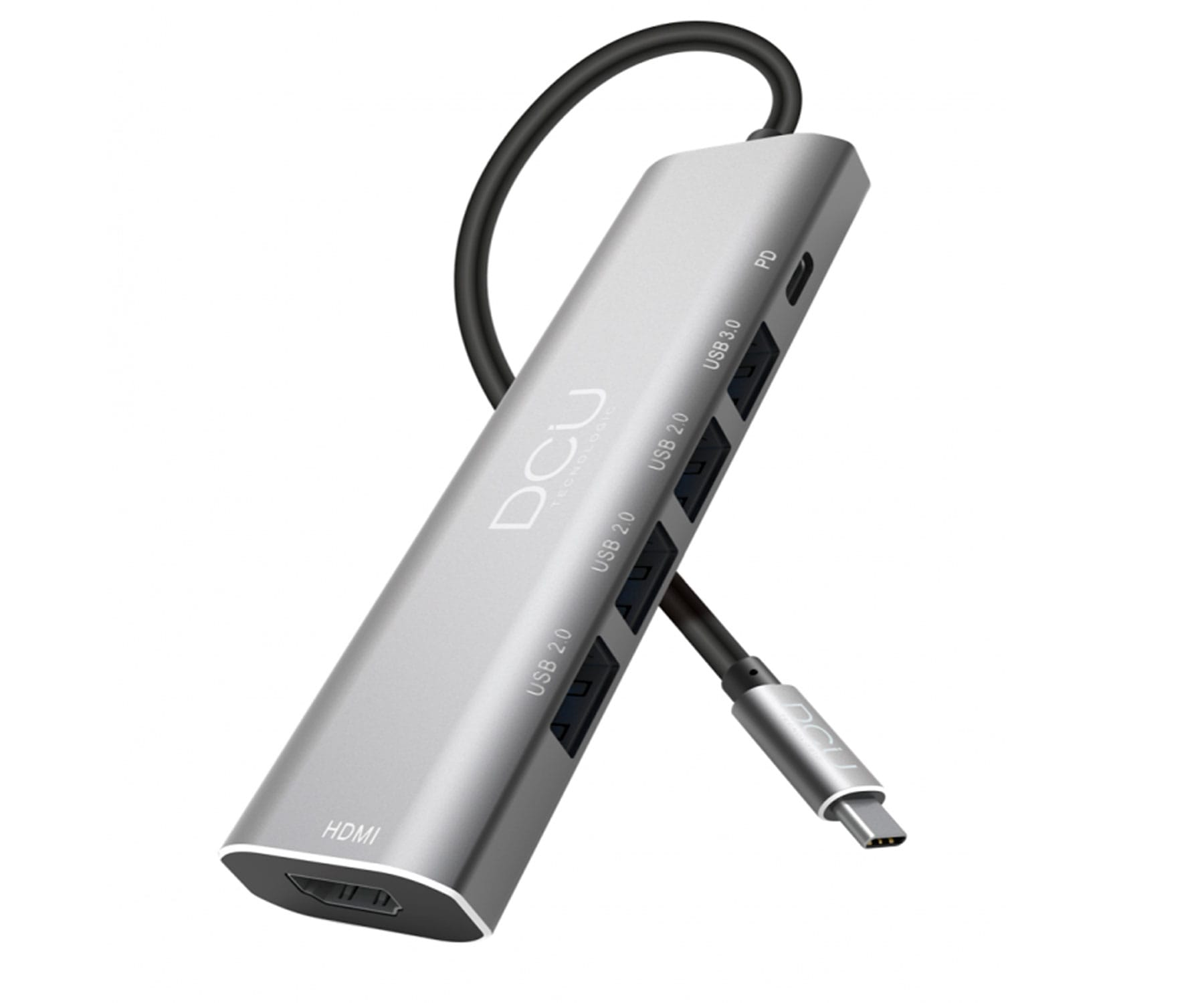 Un concentrador USB plateado con múltiples puertos USB y un cable USB-C conectado.