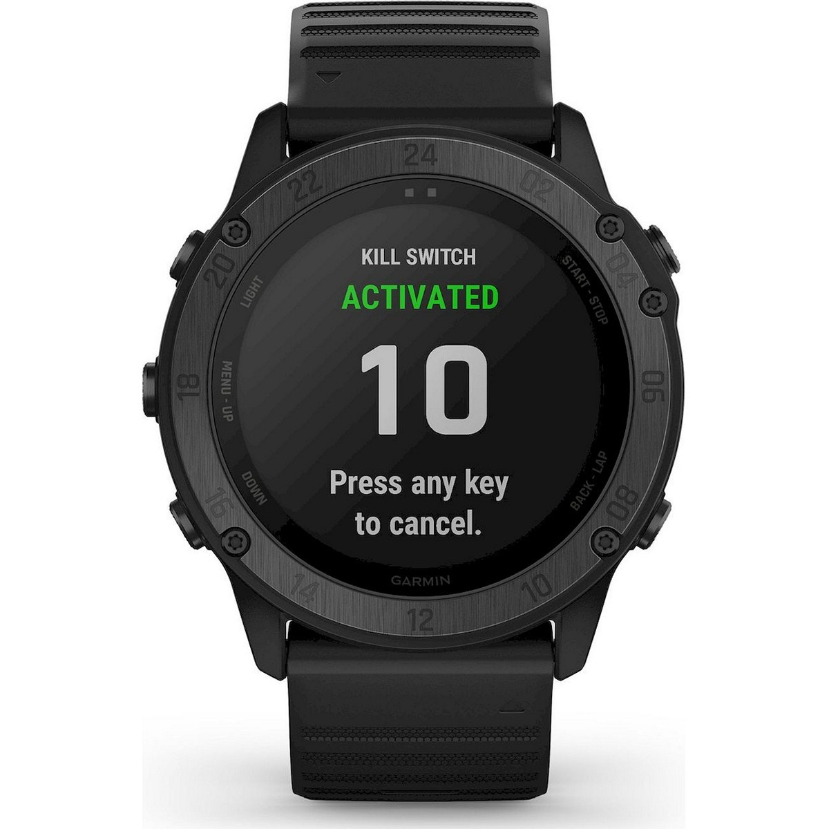 Eine schwarze Garmin Smartwatch mit der Anzeige "KILL SWITCH ACTIVATED" und einem Countdown von "10".