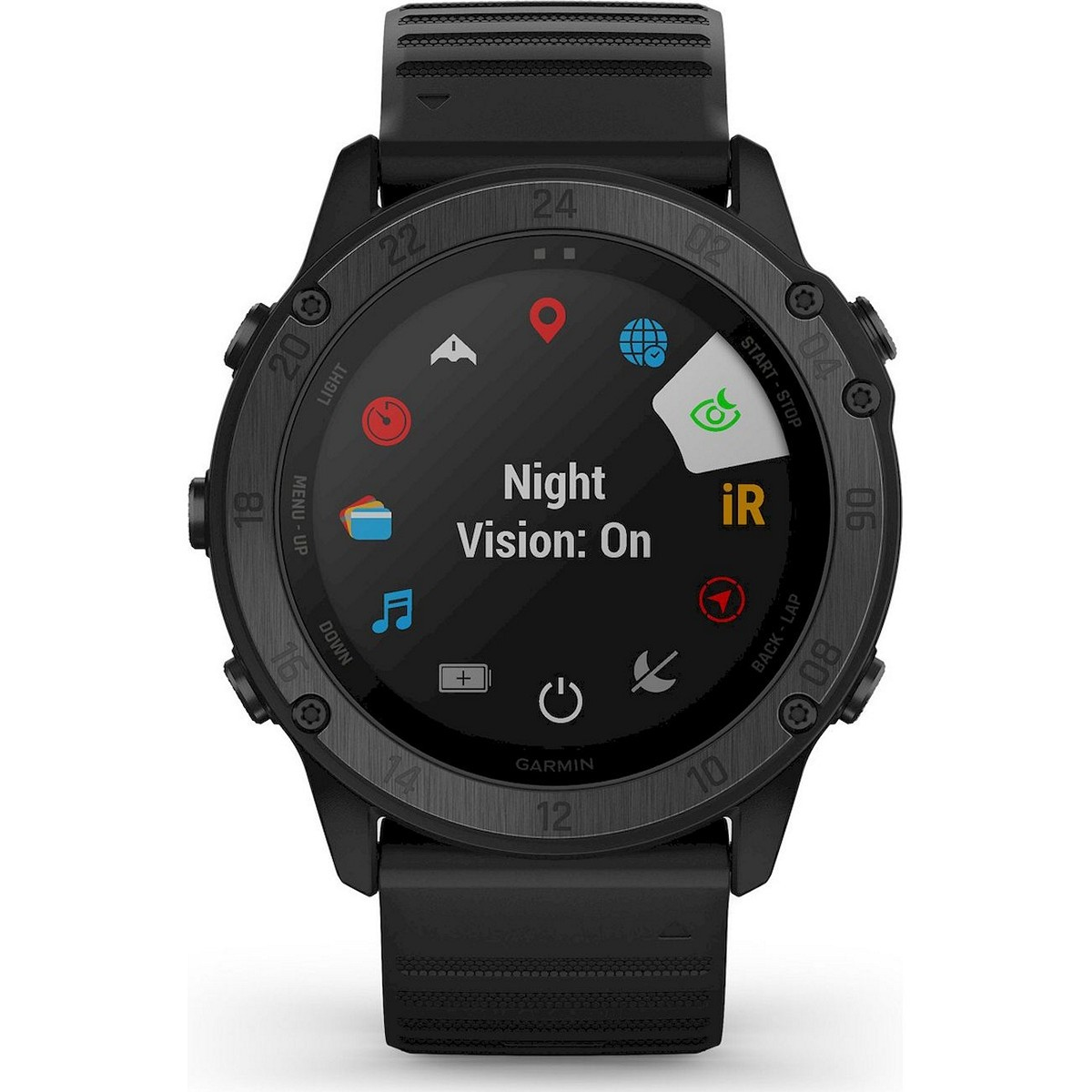 Schwarze Garmin Smartwatch, Nachtsicht ein, verschiedene Symbole sichtbar.
