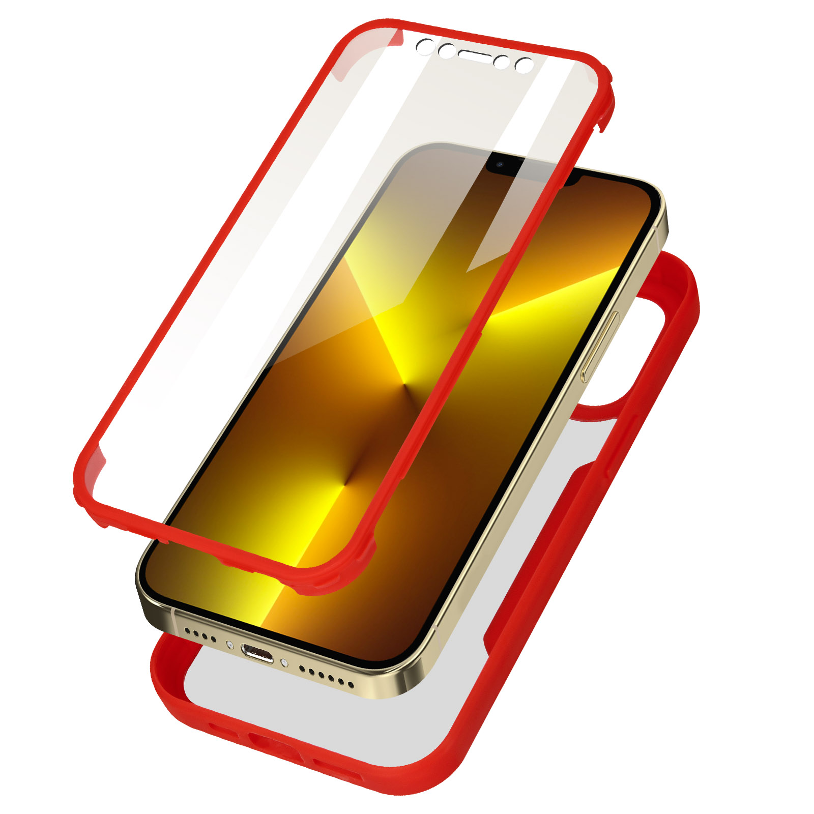 Téléphone avec étui à cadre rouge et protection d'écran. Il est sur une surface blanche.