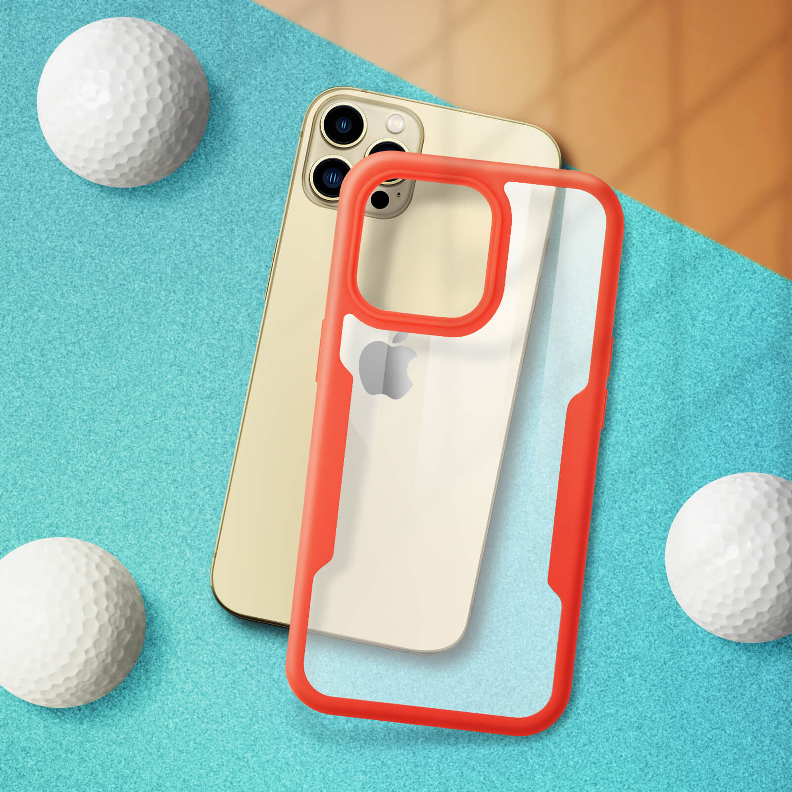 Téléphone avec étui à cadre rouge, trois balles de golf sur une surface bleue.