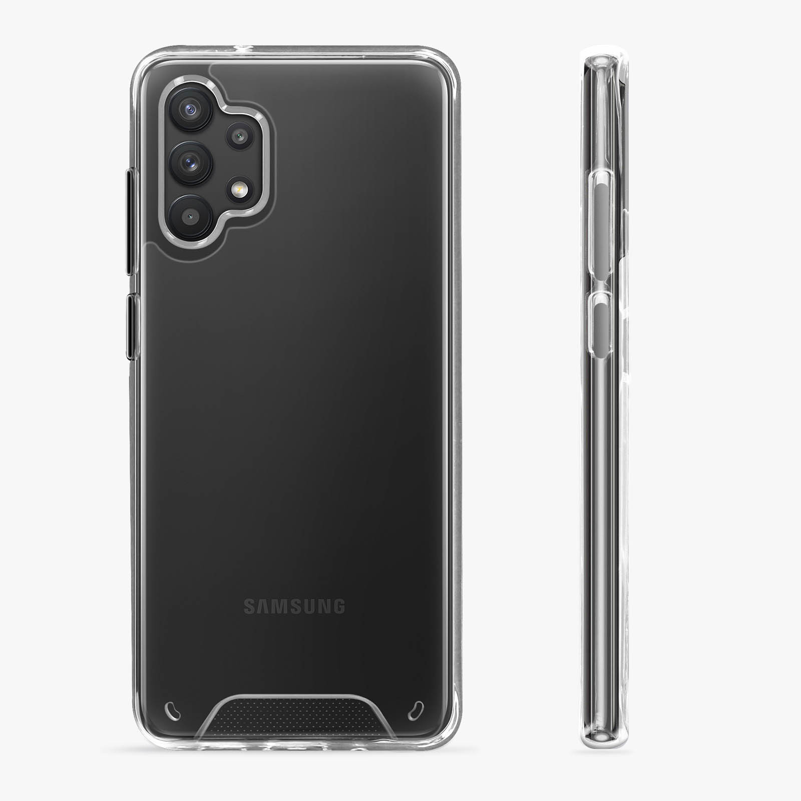 Una custodia trasparente per telefono con un telefono all'interno. La custodia ha ritagli.