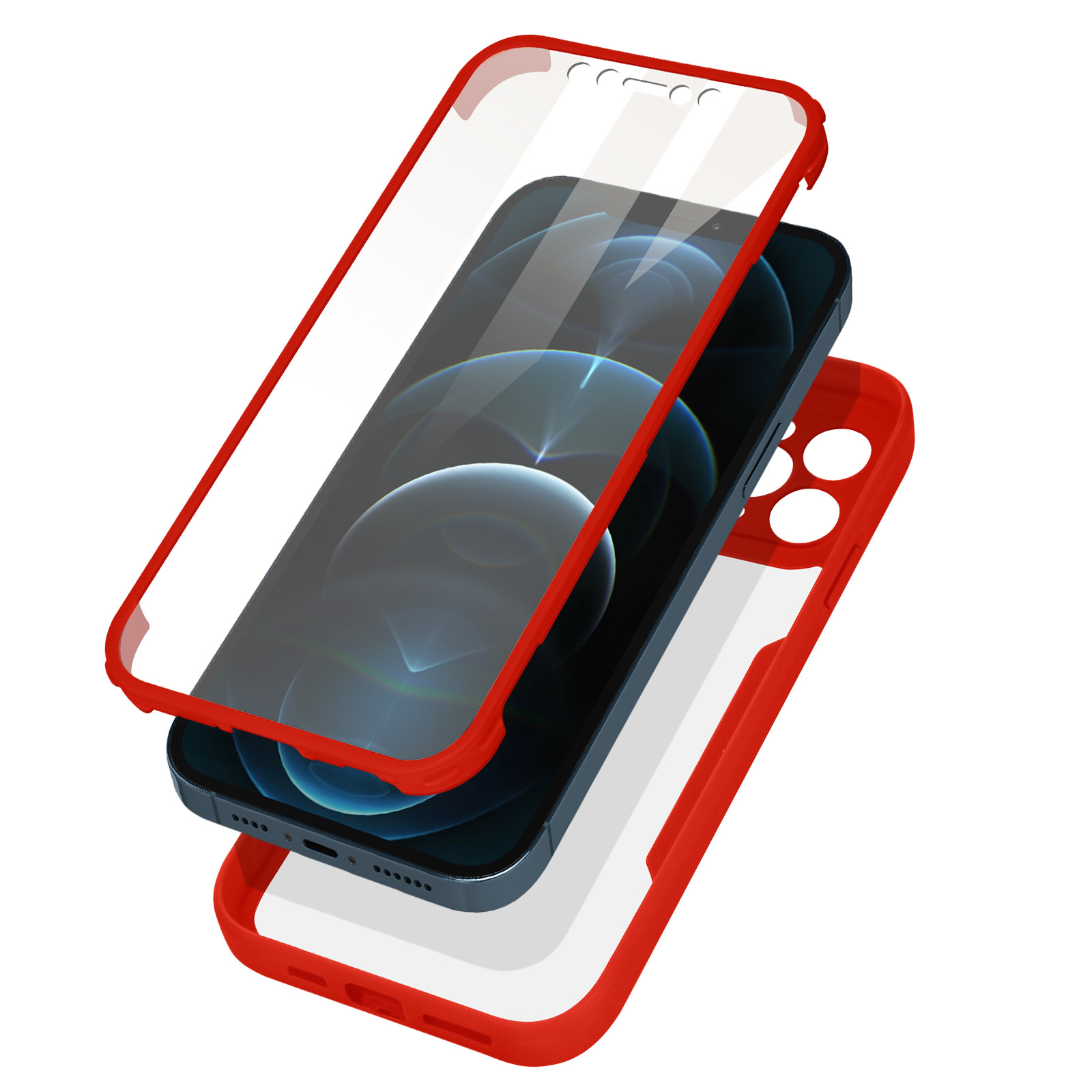 Una custodia per telefono rossa e trasparente, smontata con il telefono all'interno. Ha un telaio rosso e un retro trasparente.