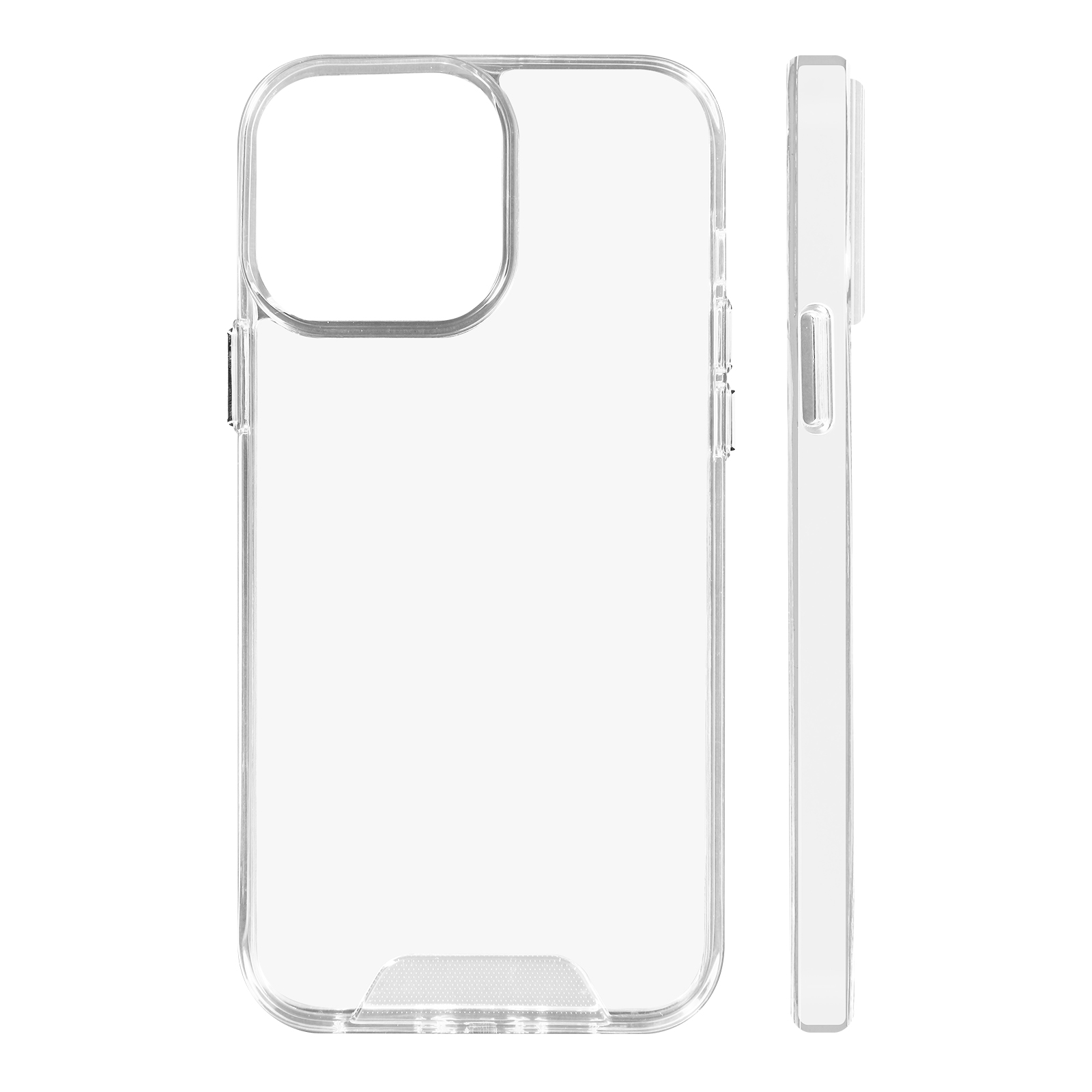 Custodia trasparente per telefono. La custodia è trasparente, mostrando i bordi e l'intaglio della fotocamera. Due viste.