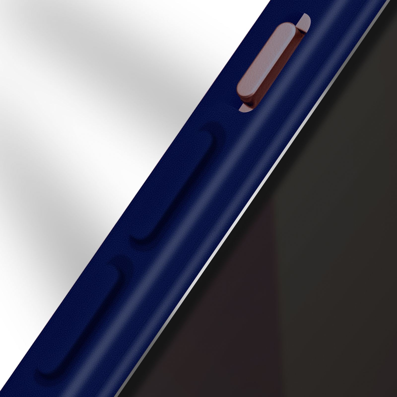 Close-up van een blauwe telefoon met een knop aan de zijkant.