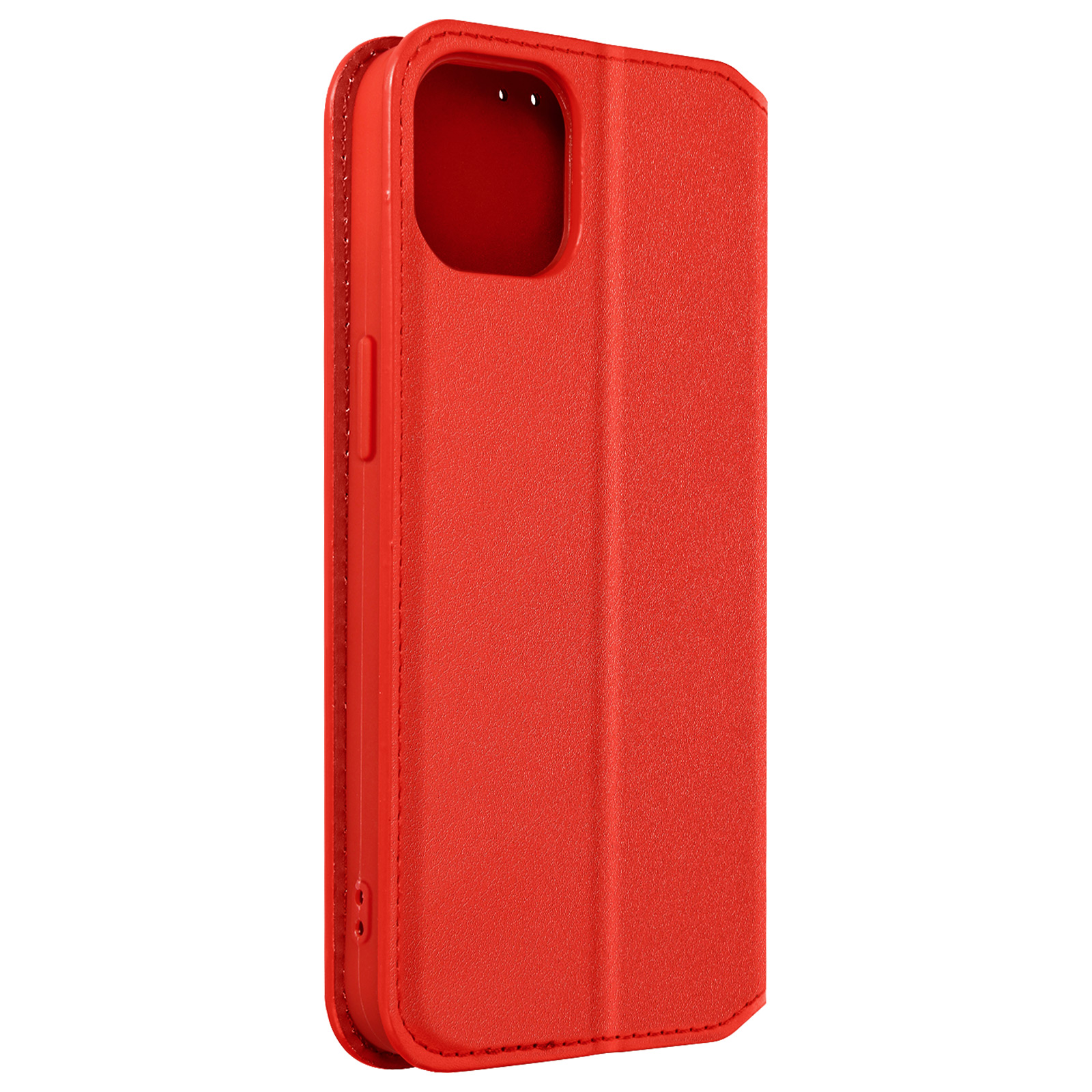 Un étui de téléphone rouge, ouvert pour afficher l'écran du téléphone, avec une bordure cousue.