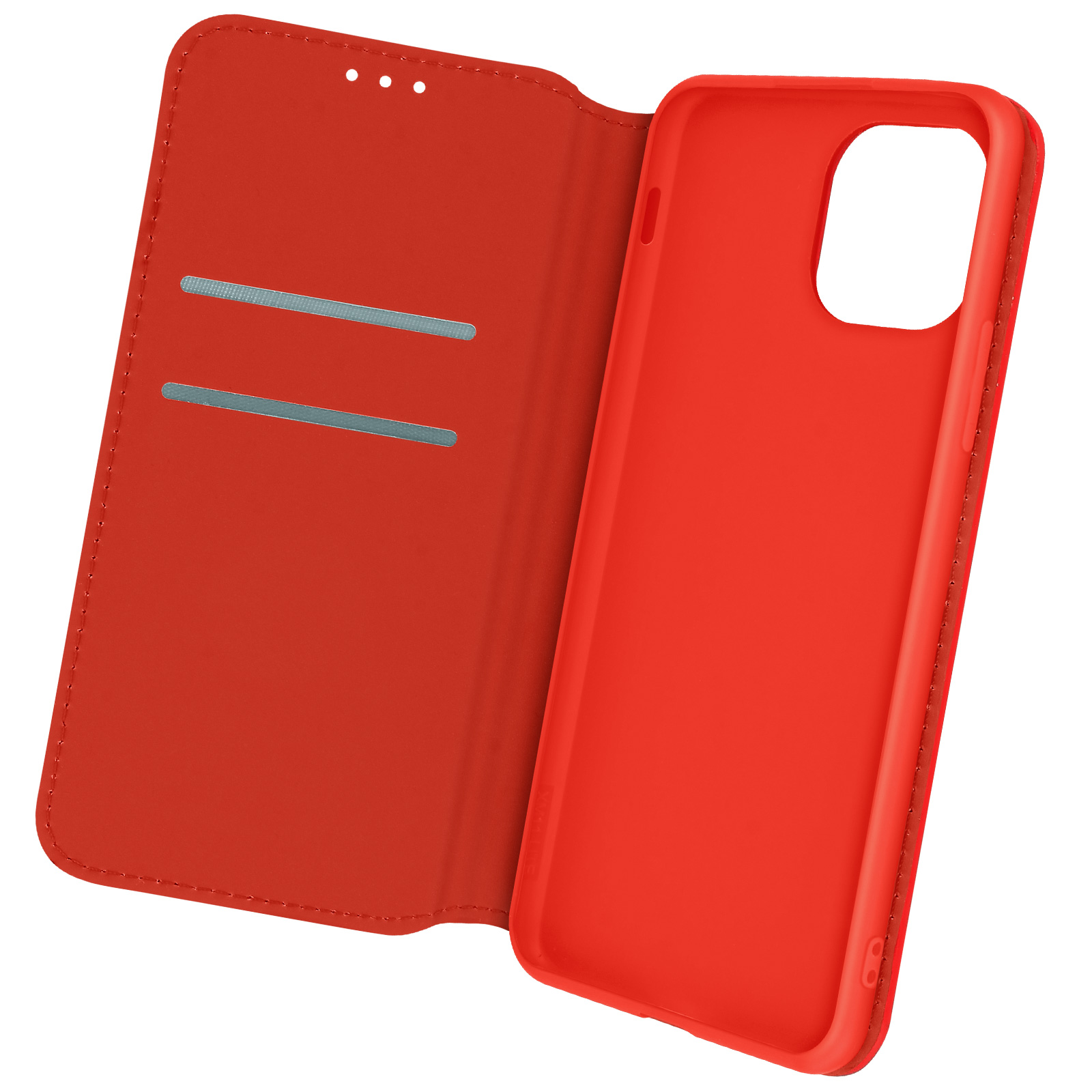 Rode telefoonhoes, met een open flap die kaartsleuven en de binnenkant van de telefoon toont.