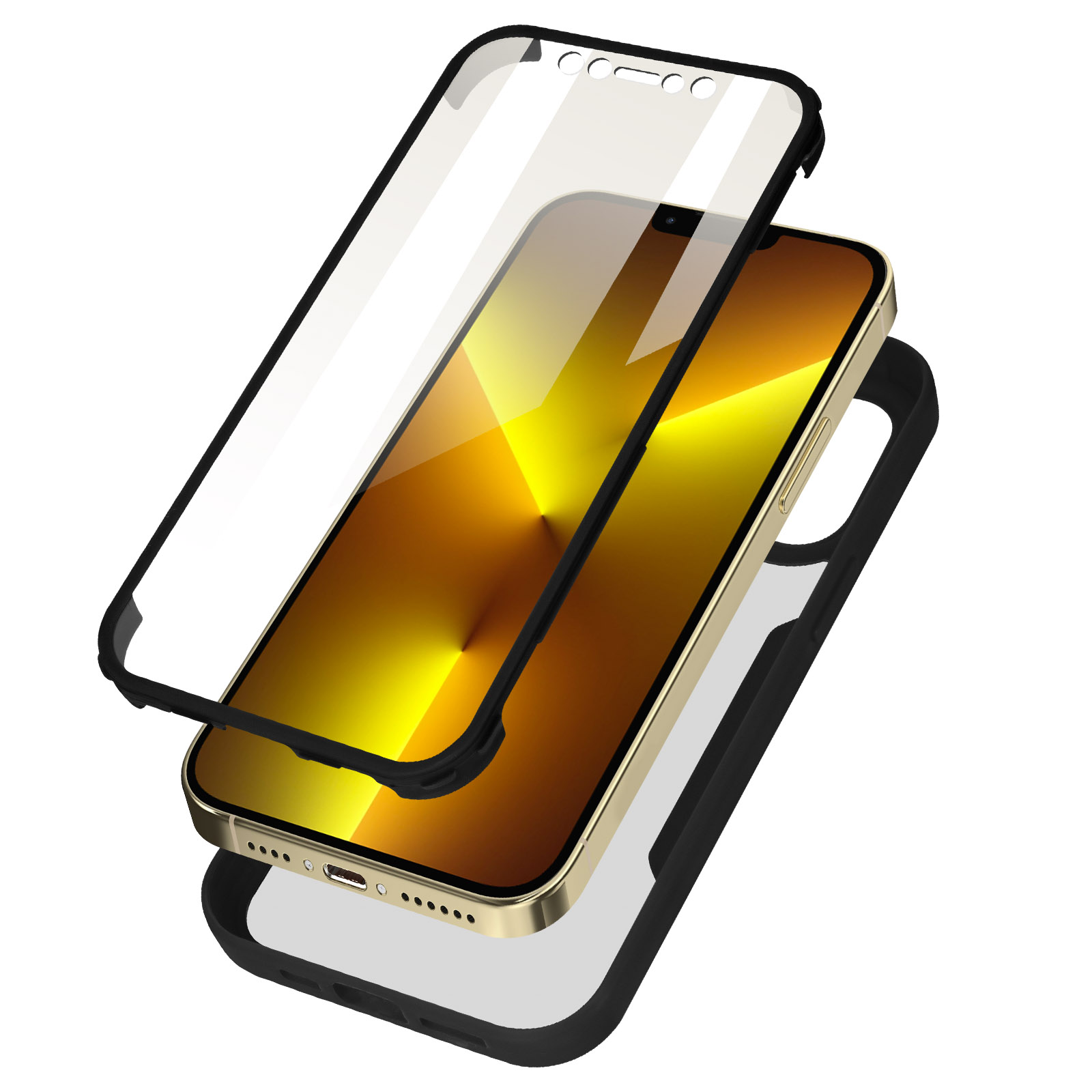 Een telefoon met een schermbeschermer en een zwarte hoes. De telefoon is goudkleurig en de hoes is open.