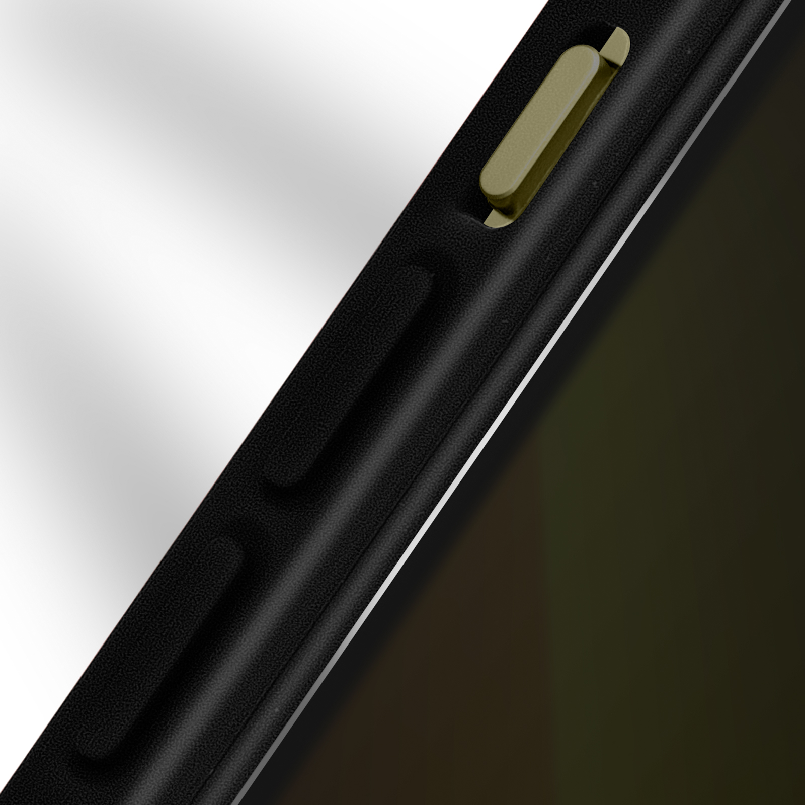 Close-up van de zijkant van een telefoon. Een donkere hoes met een groene knop.