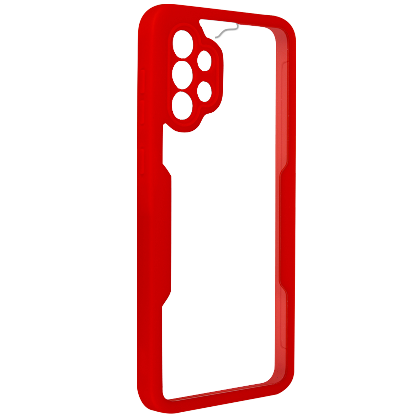 Custodia rossa per telefono, centro trasparente per telefono, con fori per la fotocamera. Sfondo bianco.