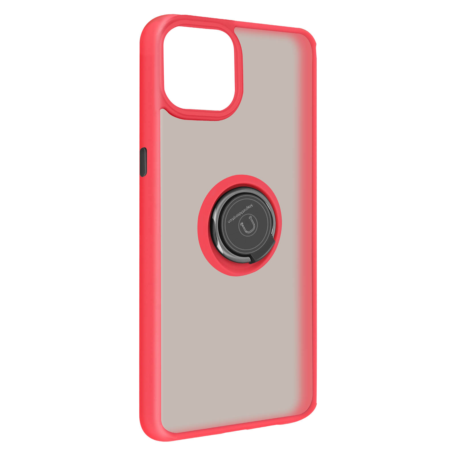 Una custodia per telefono con supporto ad anello, cornice rossa e retro trasparente.