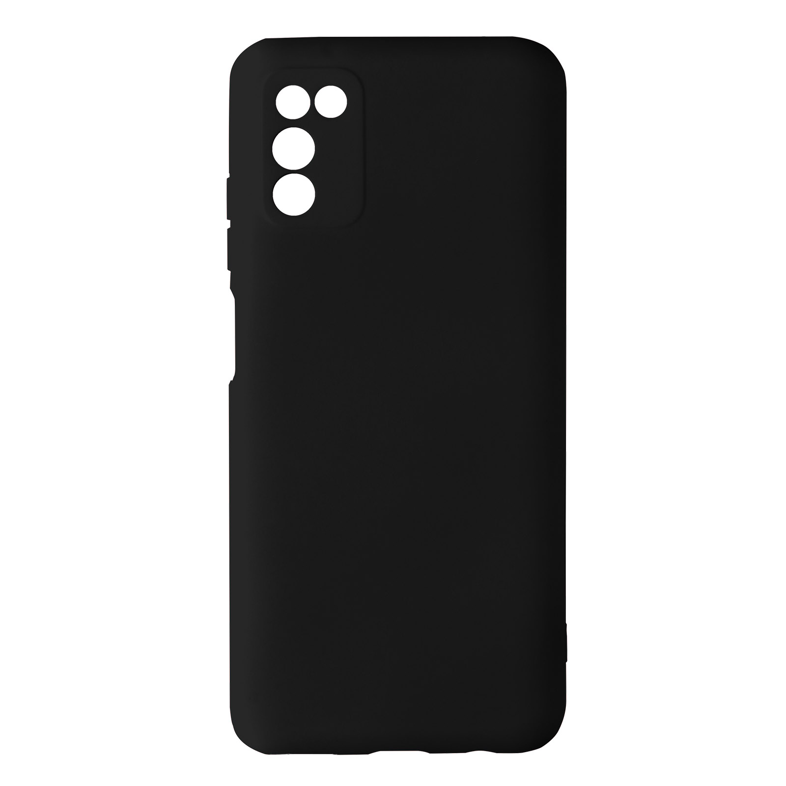 Custodia nera per telefono con fori per fotocamere. Design nero elegante. Sfondo bianco.