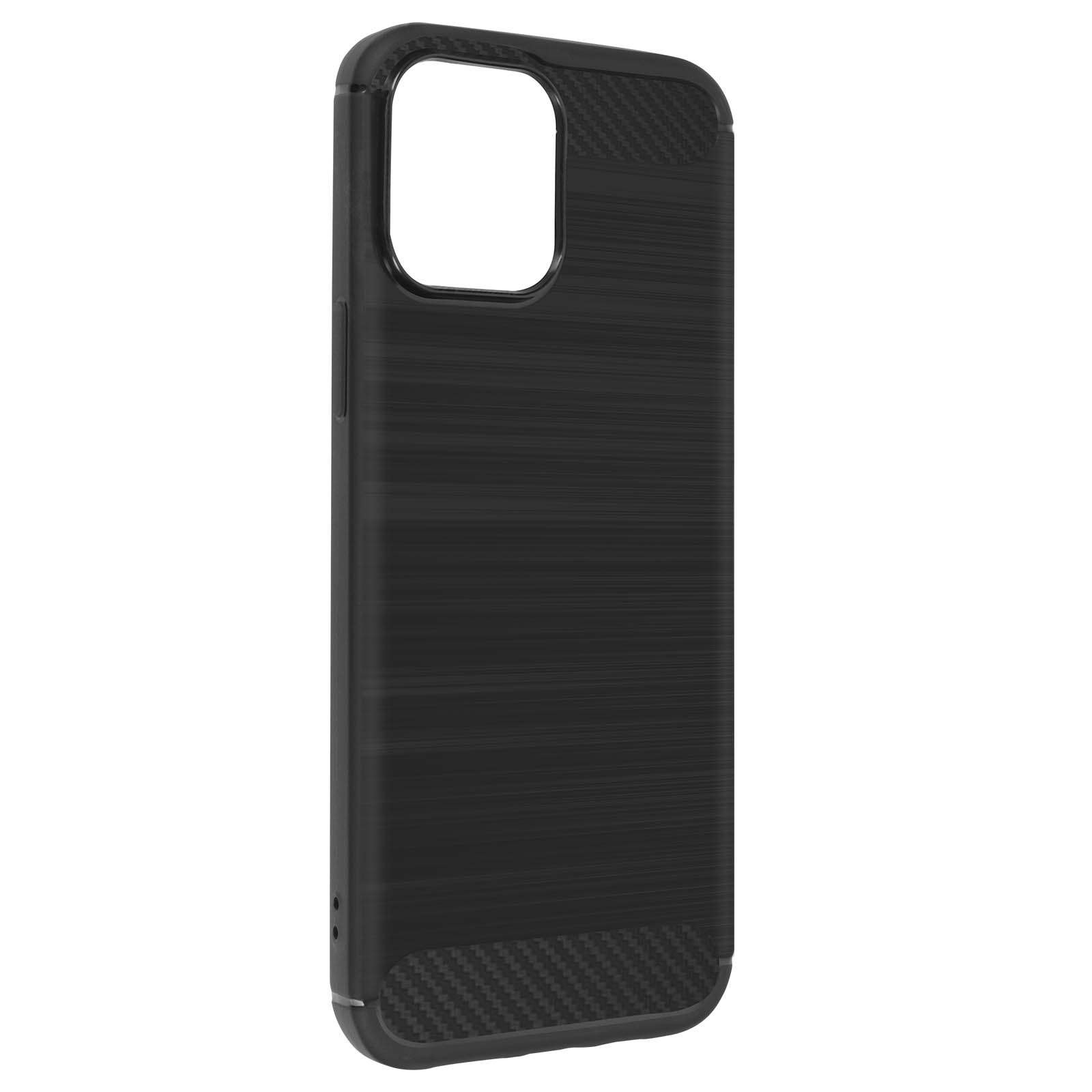 Custodia per telefono nera. La custodia ha una superficie strutturata con un foro per la fotocamera.