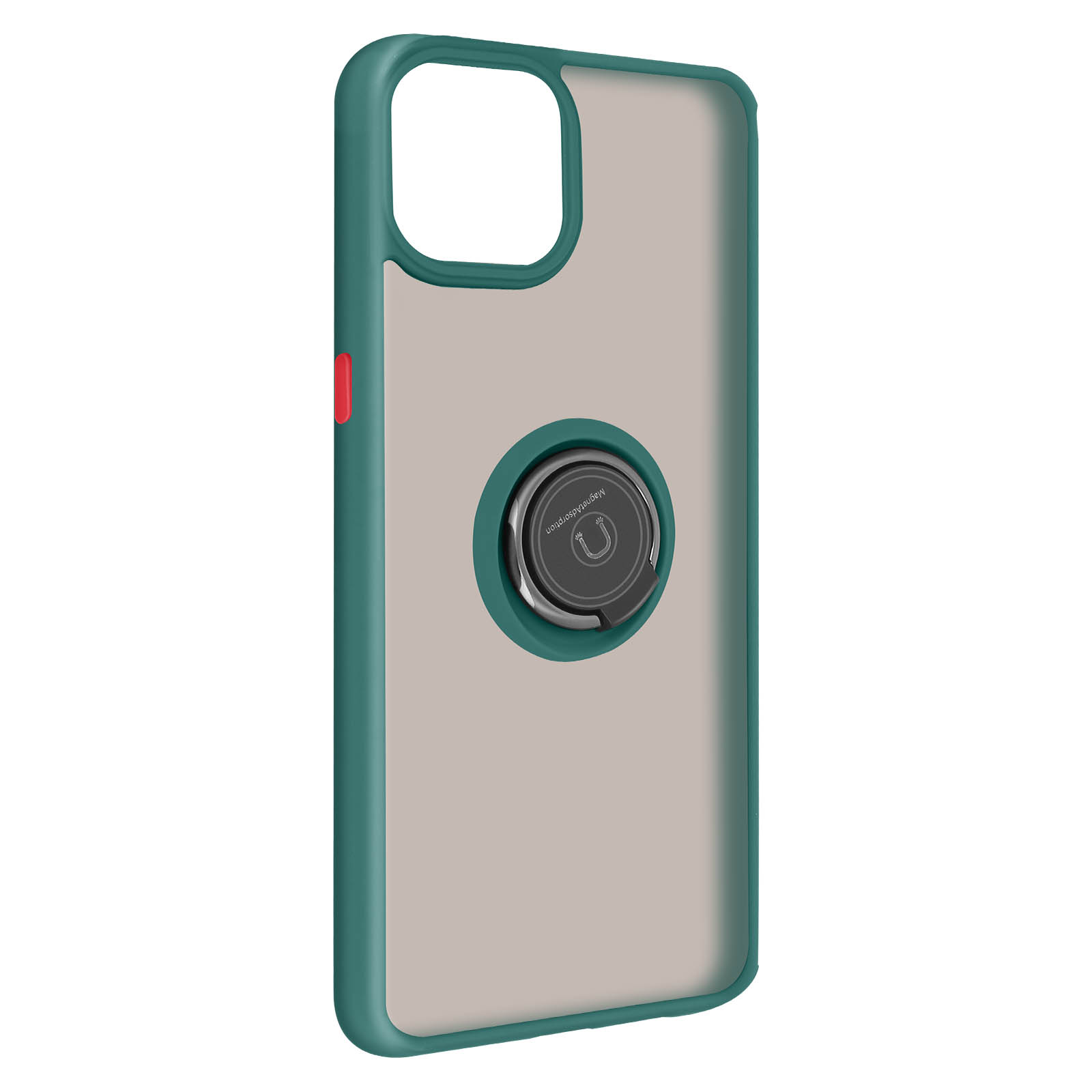 Una custodia trasparente per telefono con cornice verde e un supporto ad anello argentato sul retro.