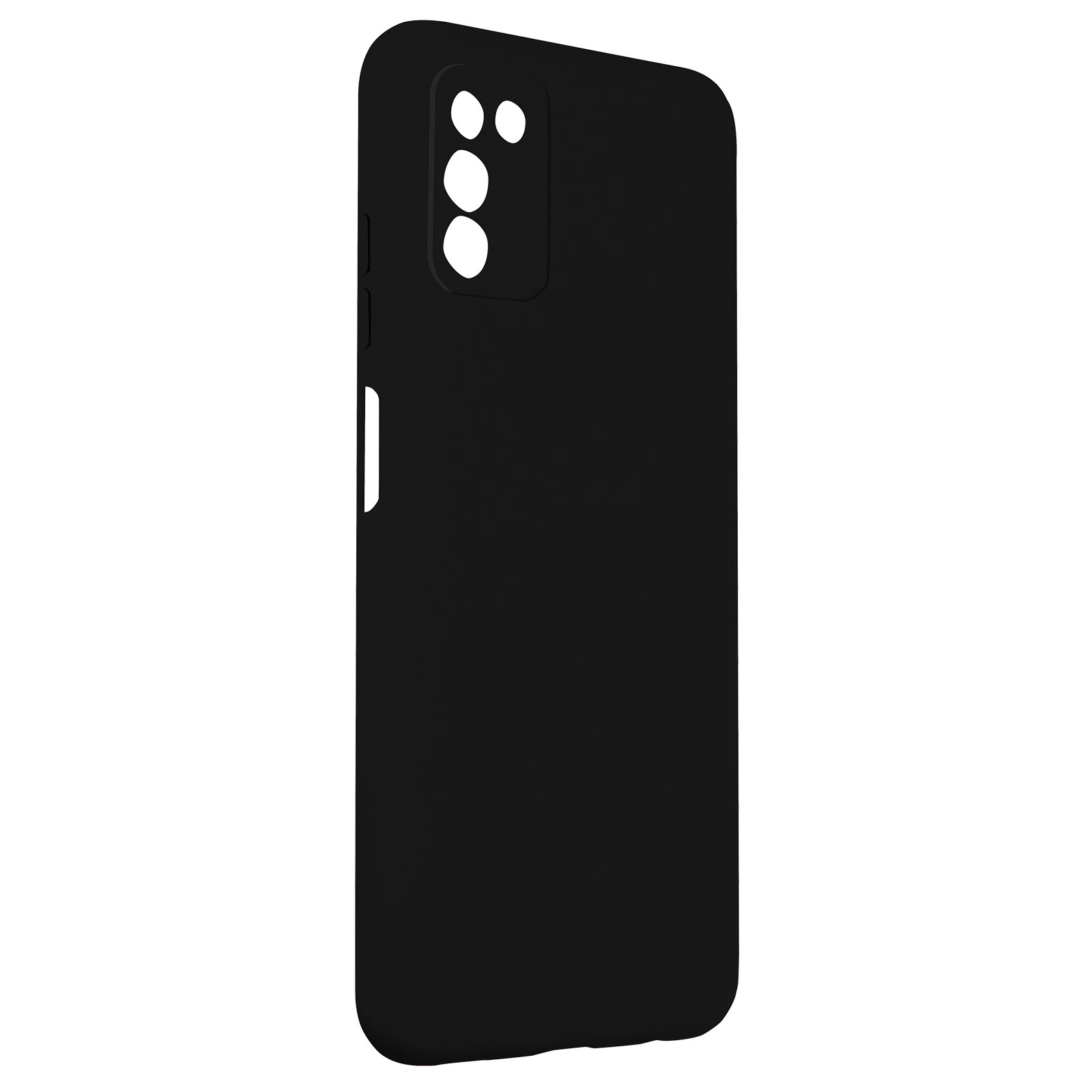 Una custodia nera per telefono con tre ritagli per fotocamera e sfondo bianco, vista posteriore.