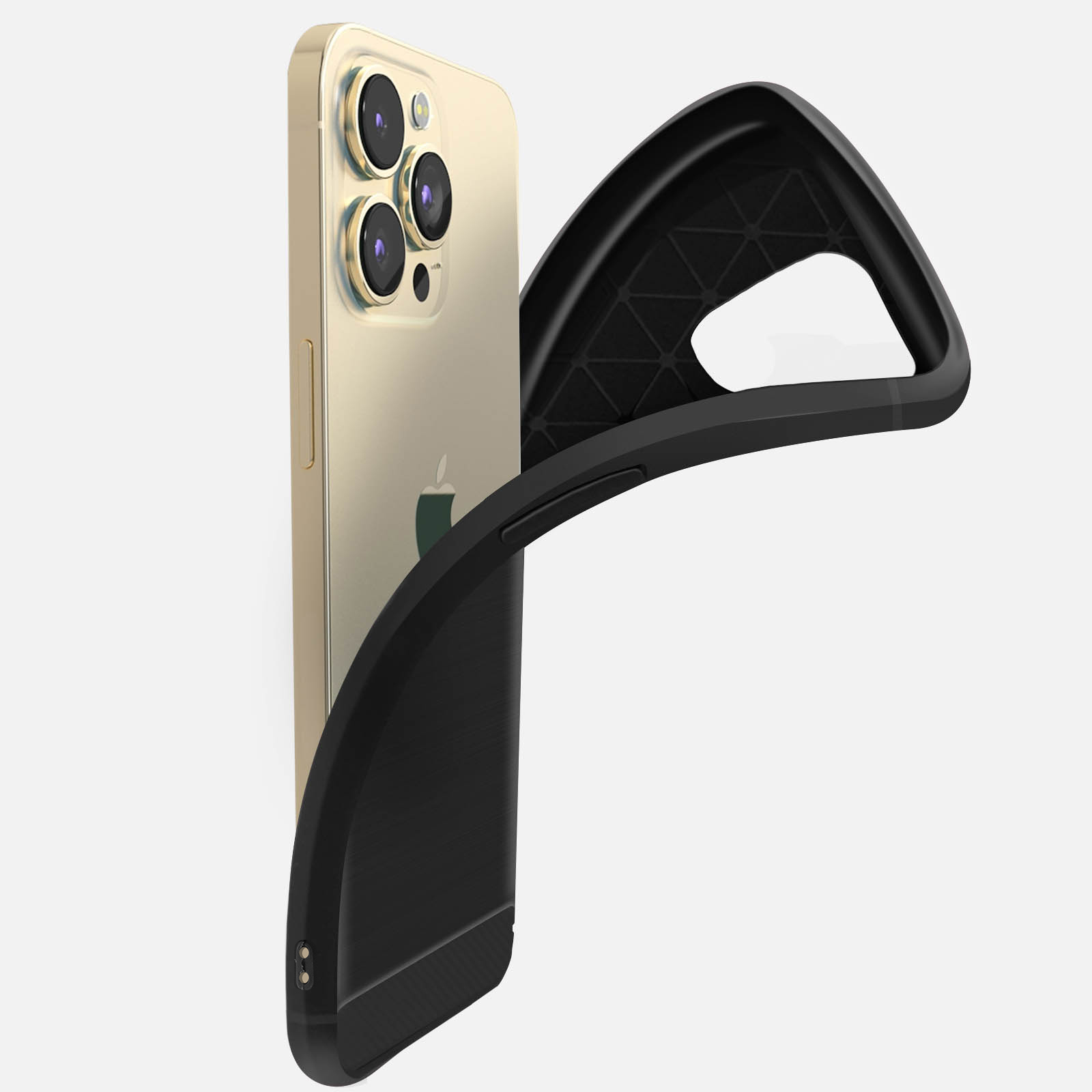 Un iPhone dorato con una custodia nera che lo copre parzialmente. La custodia è nera e ha un design elegante.
