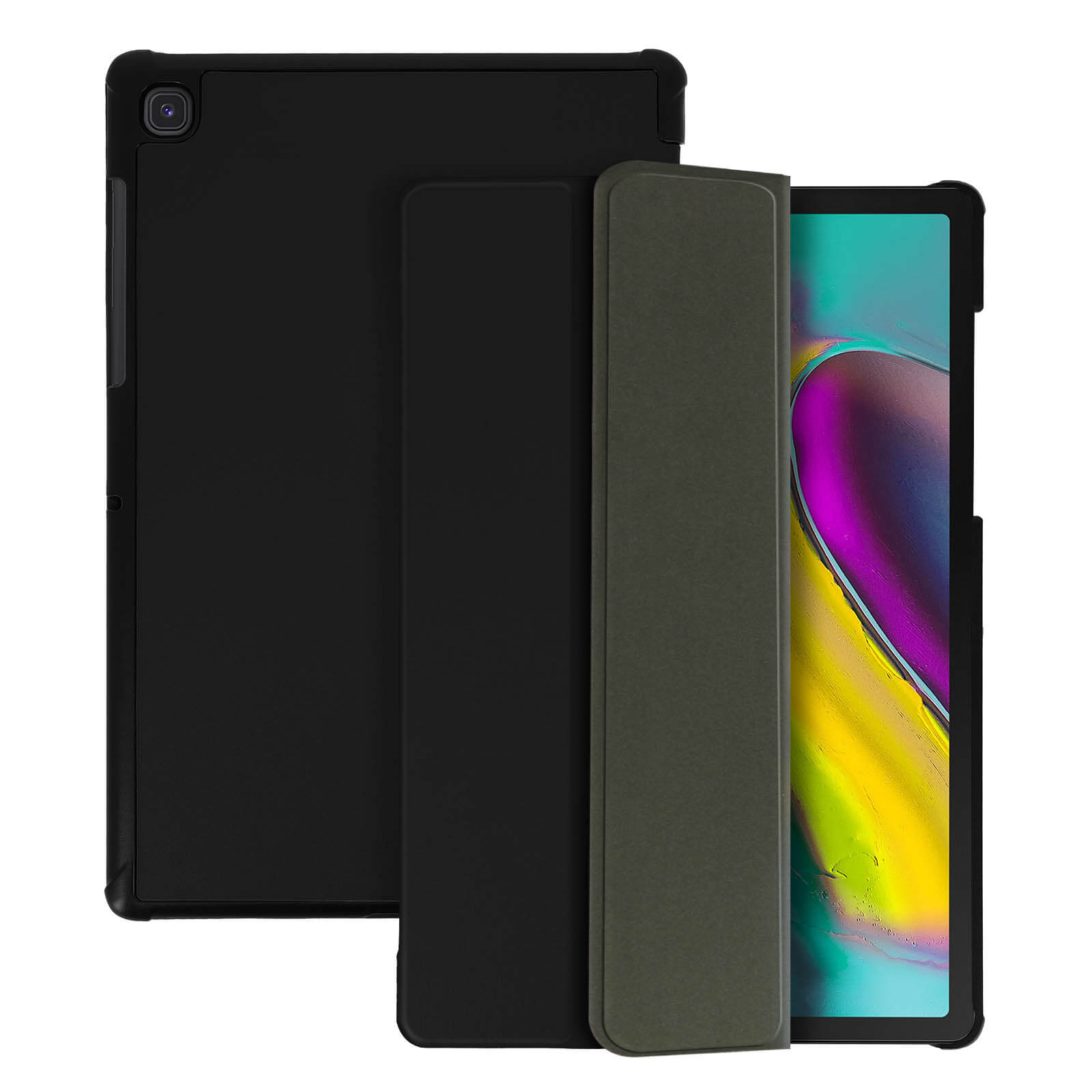 Custodia nera per tablet con una copertura nera, una verde scuro e una nera.