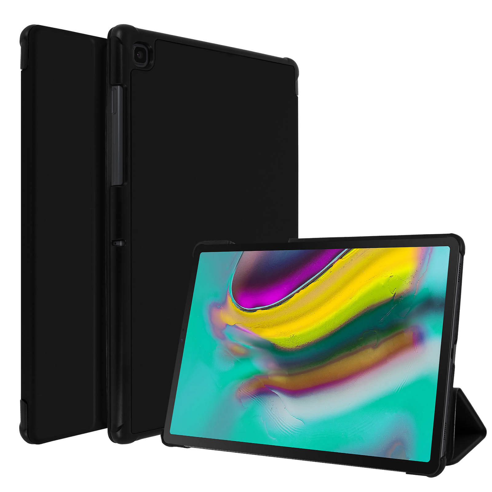 Tablet nero con custodia nera aperta. Tablet nero, custodia nera.