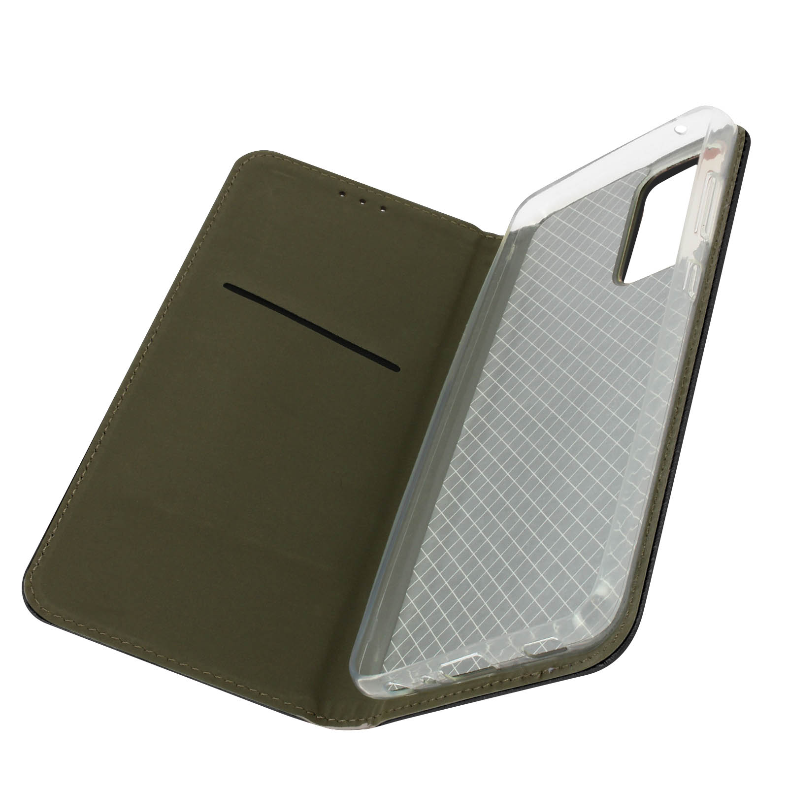 Custodia verde per telefono, aperta, con interno in plastica trasparente. Linea nera sulla copertina.
