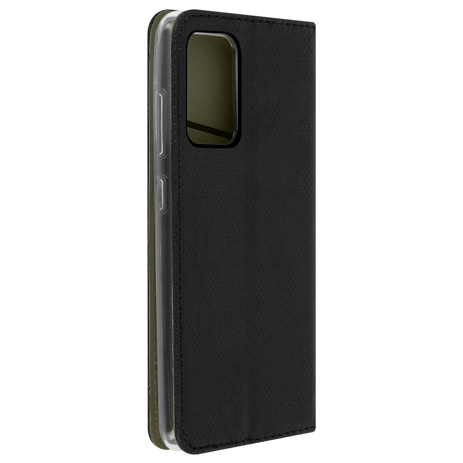 Custodia per telefono nera. Materiale verde visibile all'interno. Sfondo blu.