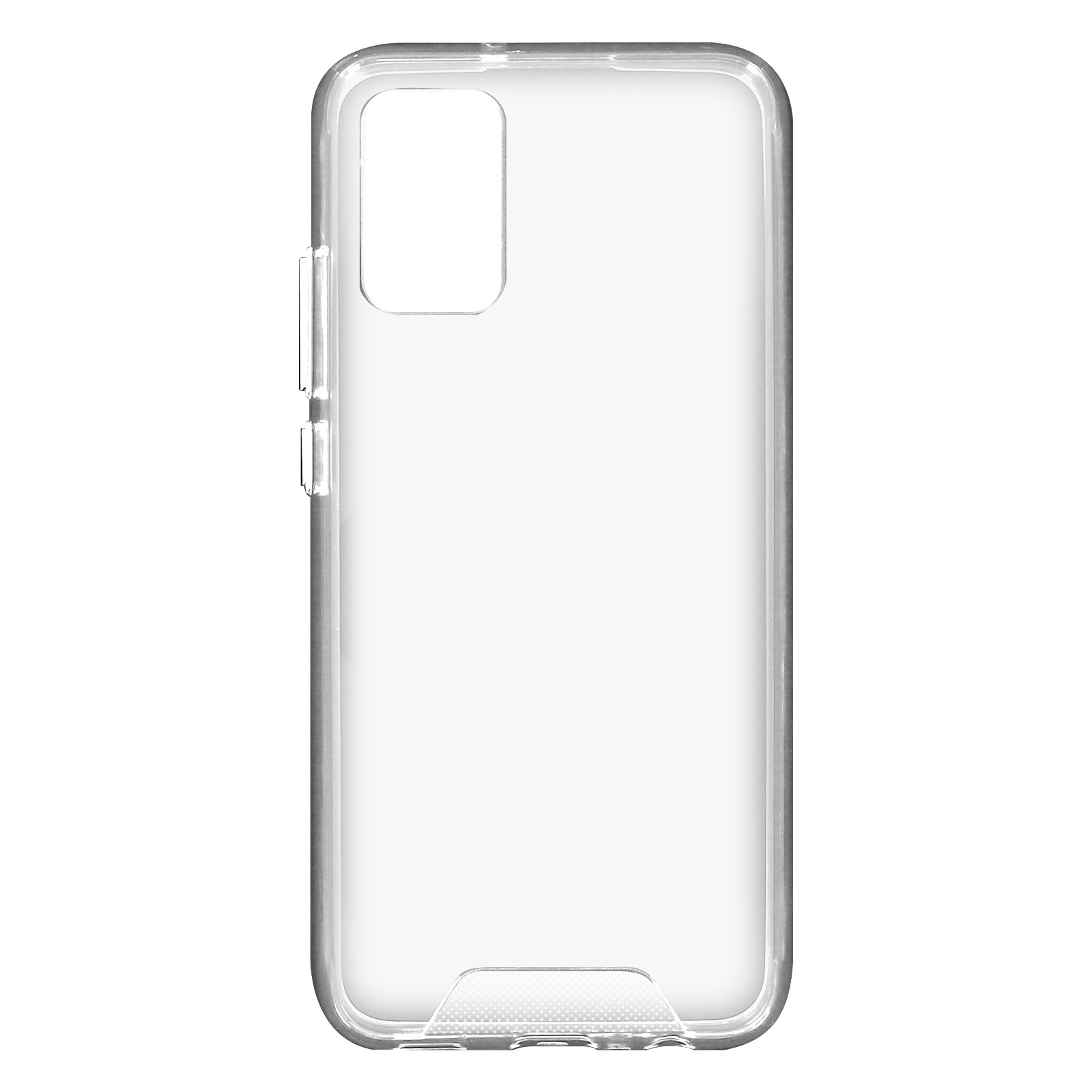 Custodia trasparente per telefono. La custodia è vuota, mostrando i pulsanti laterali e l'intaglio della fotocamera.