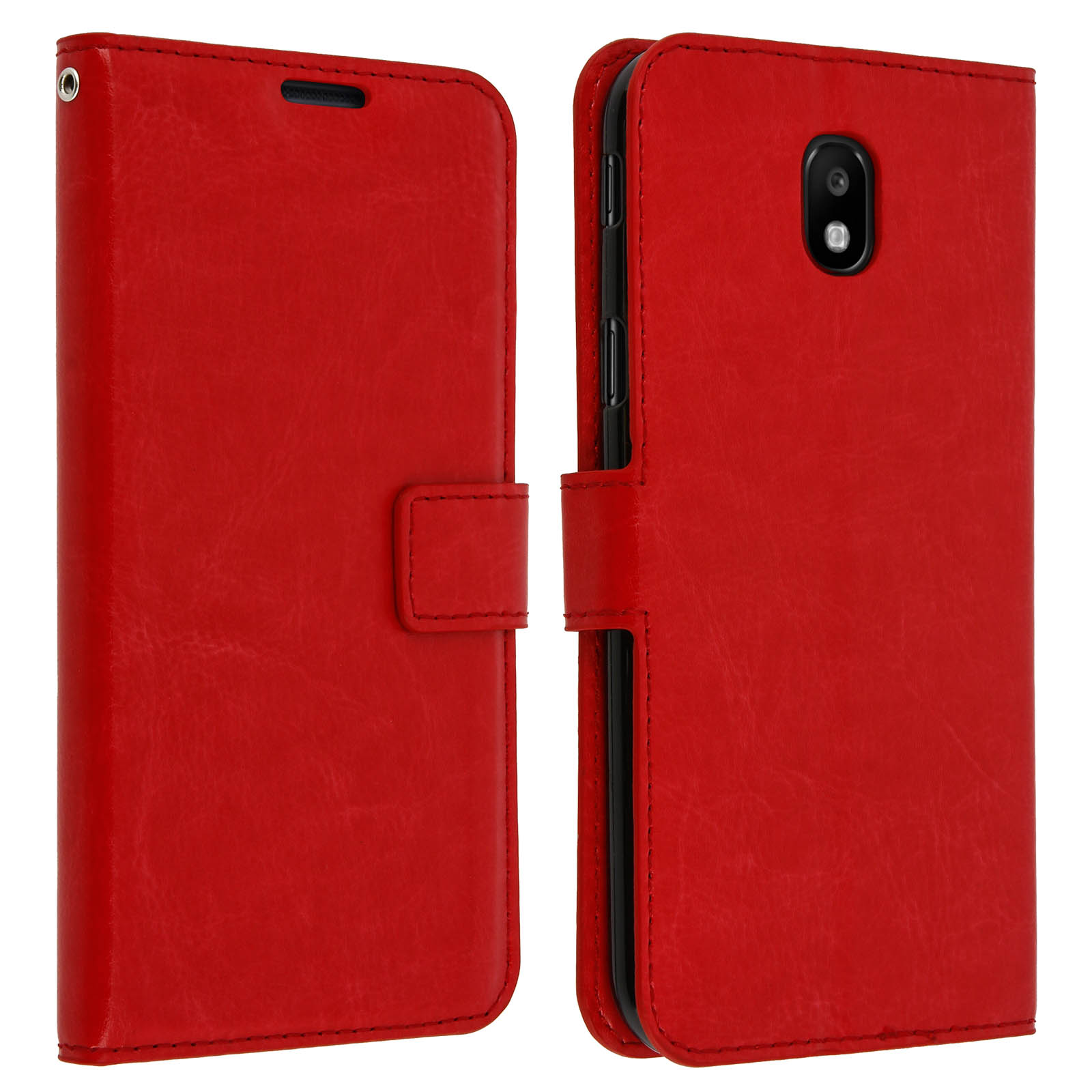Custodia per telefono in pelle rossa, chiusa a sinistra e aperta a destra.