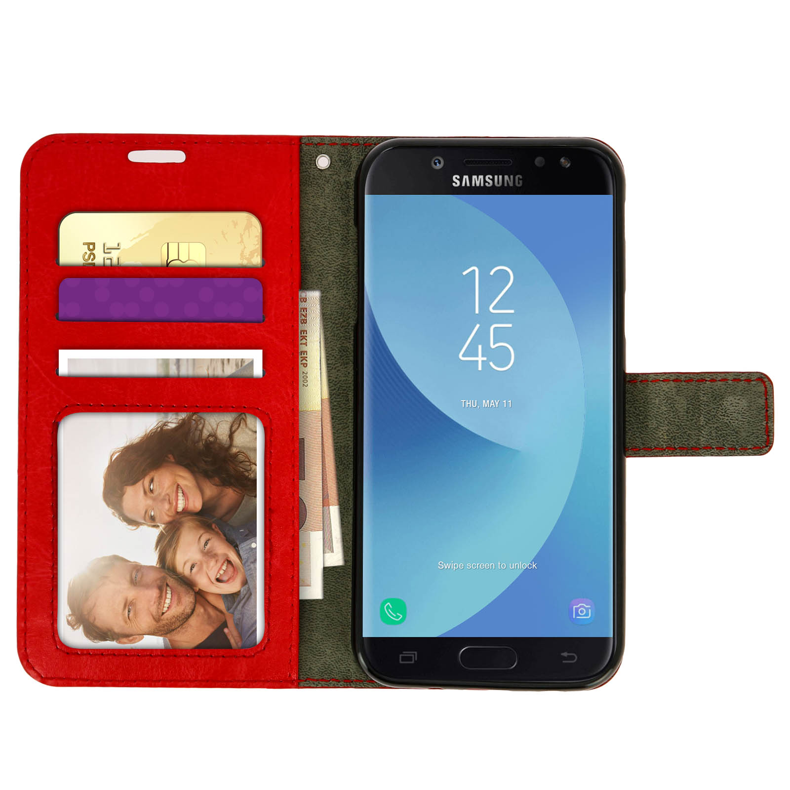 Custodia per telefono aperta con telefono, carte di credito e foto di famiglia, lo schermo mostra l'ora.