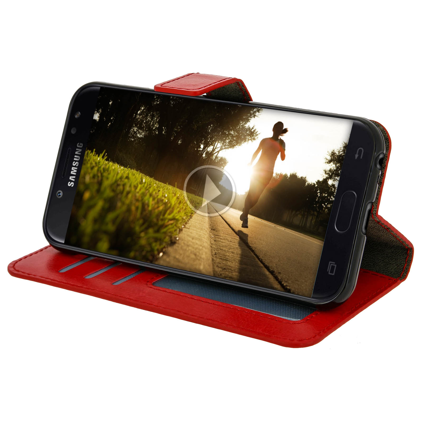 Uno smartphone in una custodia a portafoglio rossa. Lo schermo mostra un corridore. La custodia è aperta.