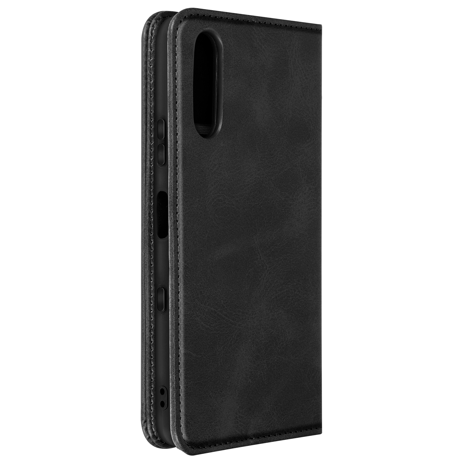 Una custodia per telefono nera chiusa. La custodia ha un ritaglio per la fotocamera e un lembo magnetico.
