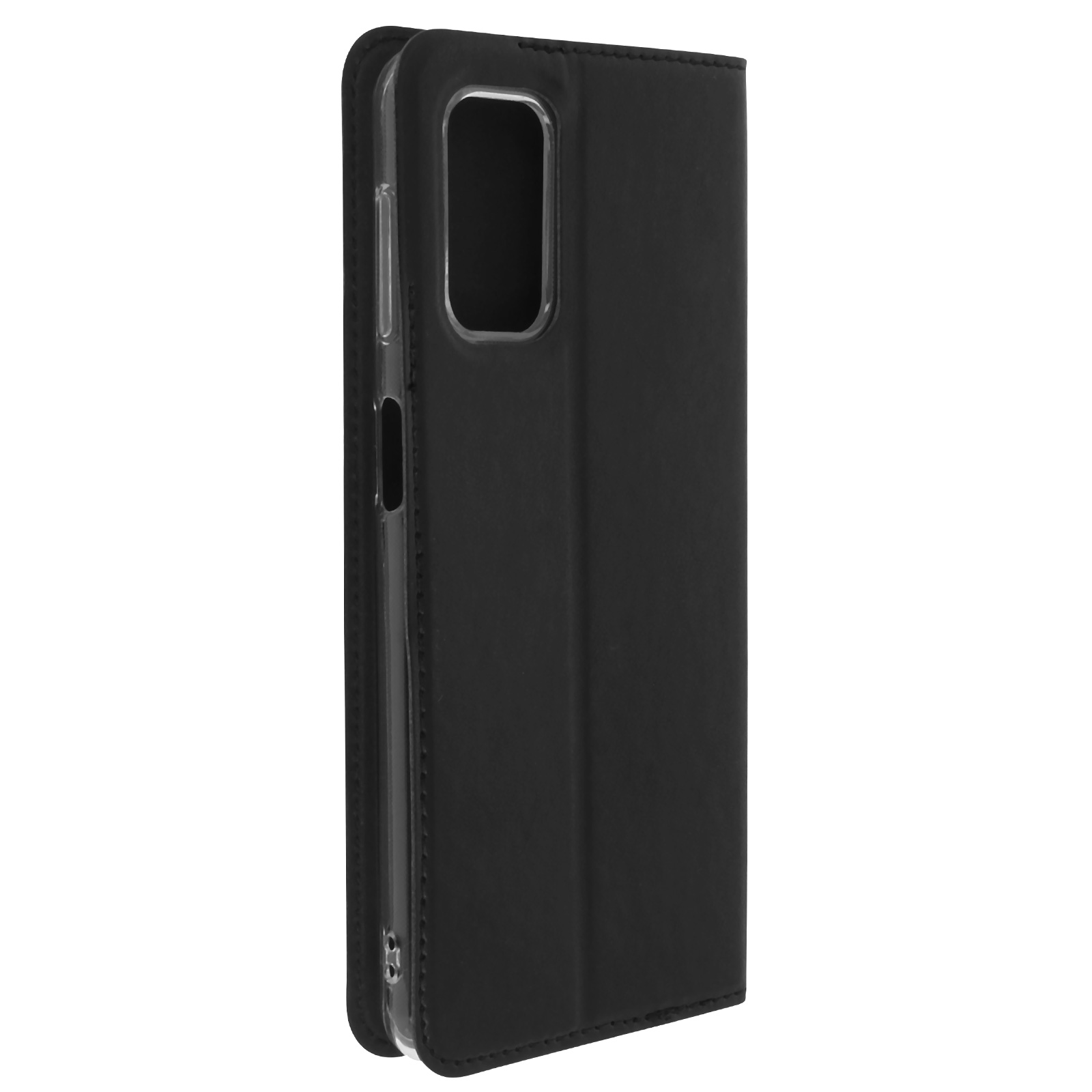 Custodia per telefono nera, chiusa, con ritaglio per la fotocamera.