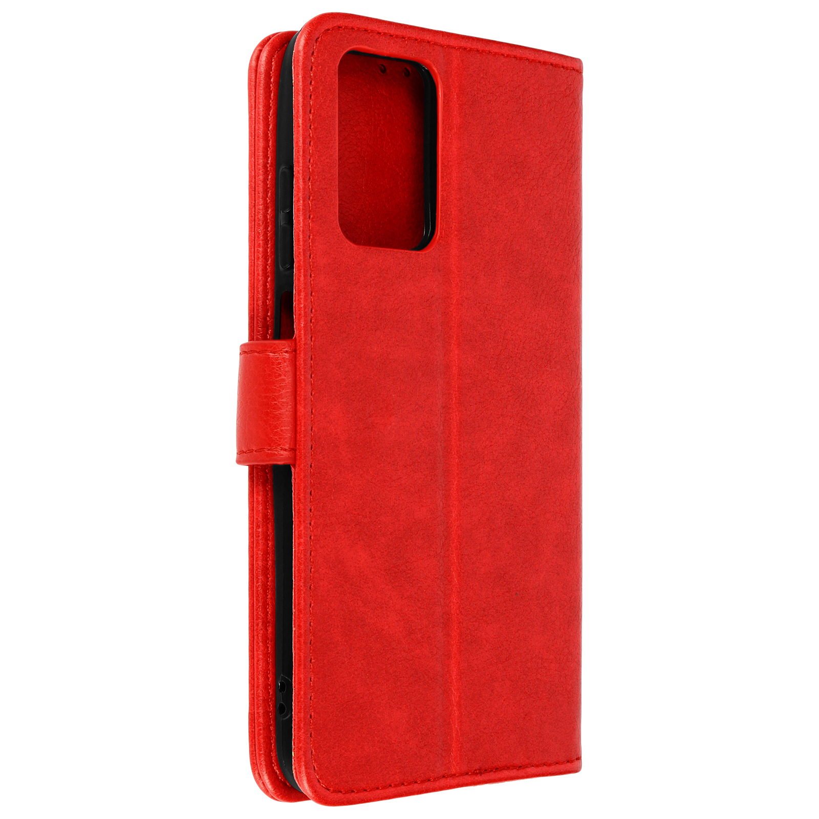 Een rode leren telefoonhoes, gesloten, met een uitsparing ter grootte van een telefoon.