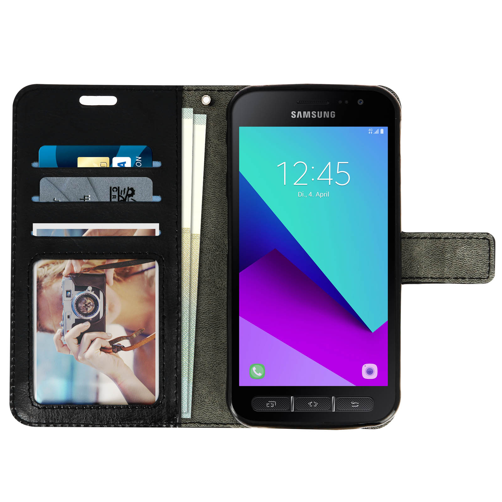 Uno smartphone in una custodia a portafoglio, che mostra lo schermo. C'è una foto di una fotocamera all'interno.